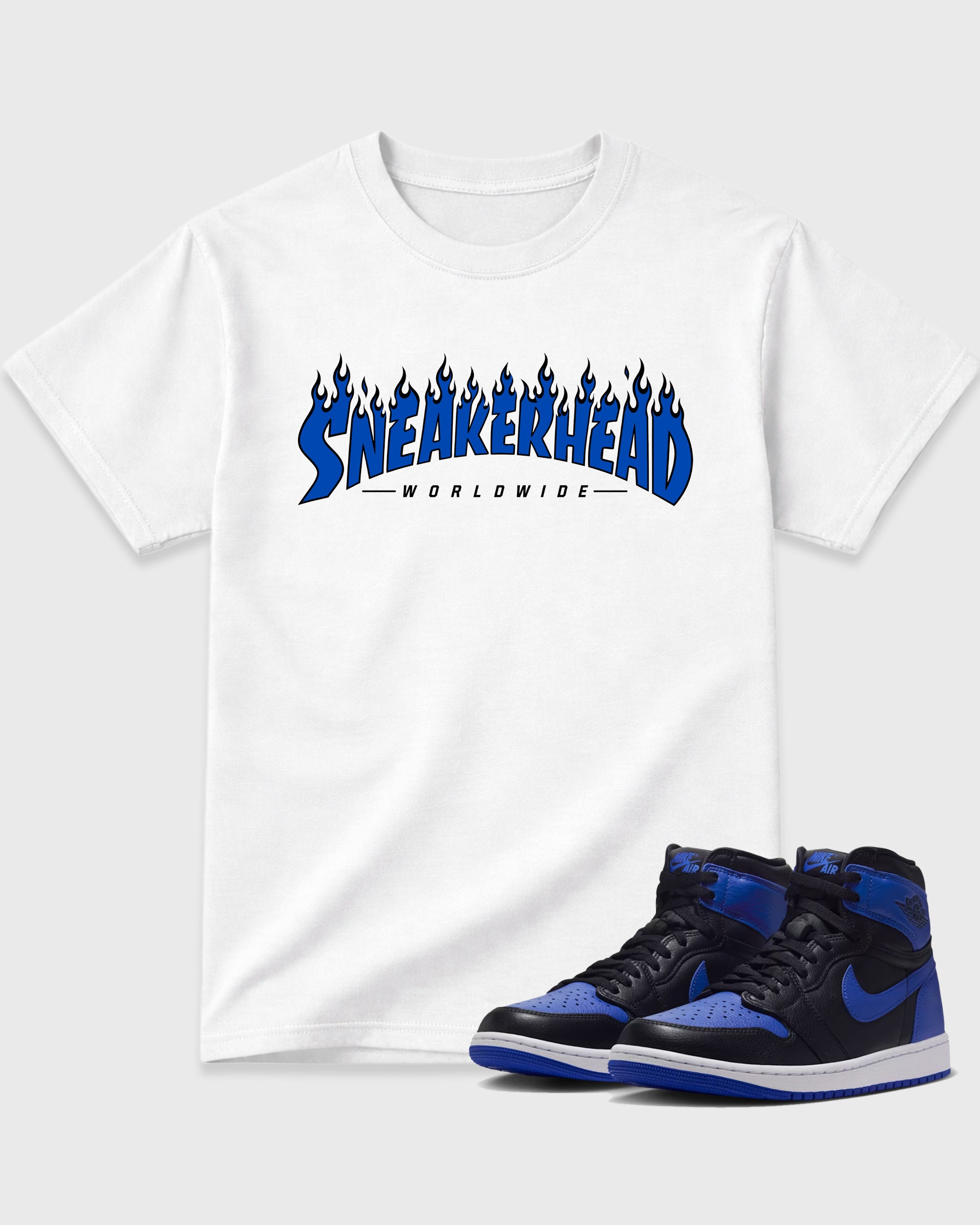 Sneakerhead Worldwide Graphic T-Shirt featuring original streetwear artwork designed to match the Air Jordan 1 Royal. White 1 Graphic T-Shirt.
