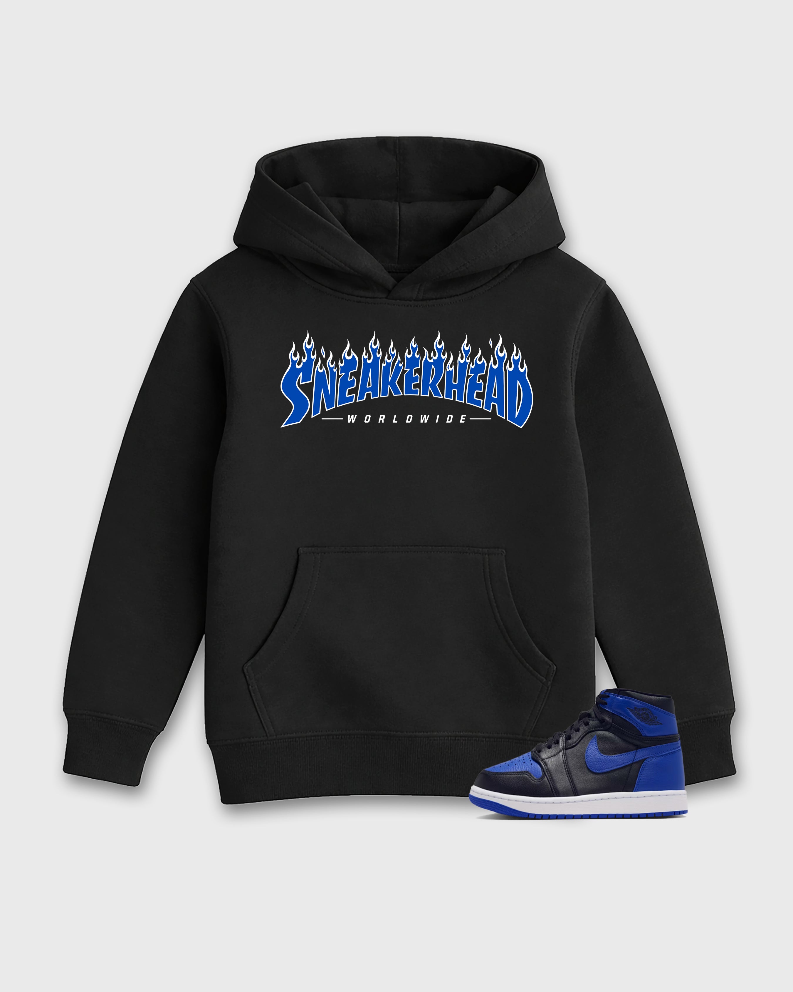 Sneakerhead Worldwide Baby & Kids Graphic Hoodie featuring original artwork designed to match the Air Jordan 1 Royal. Black 1 Kids Graphic Sweater.