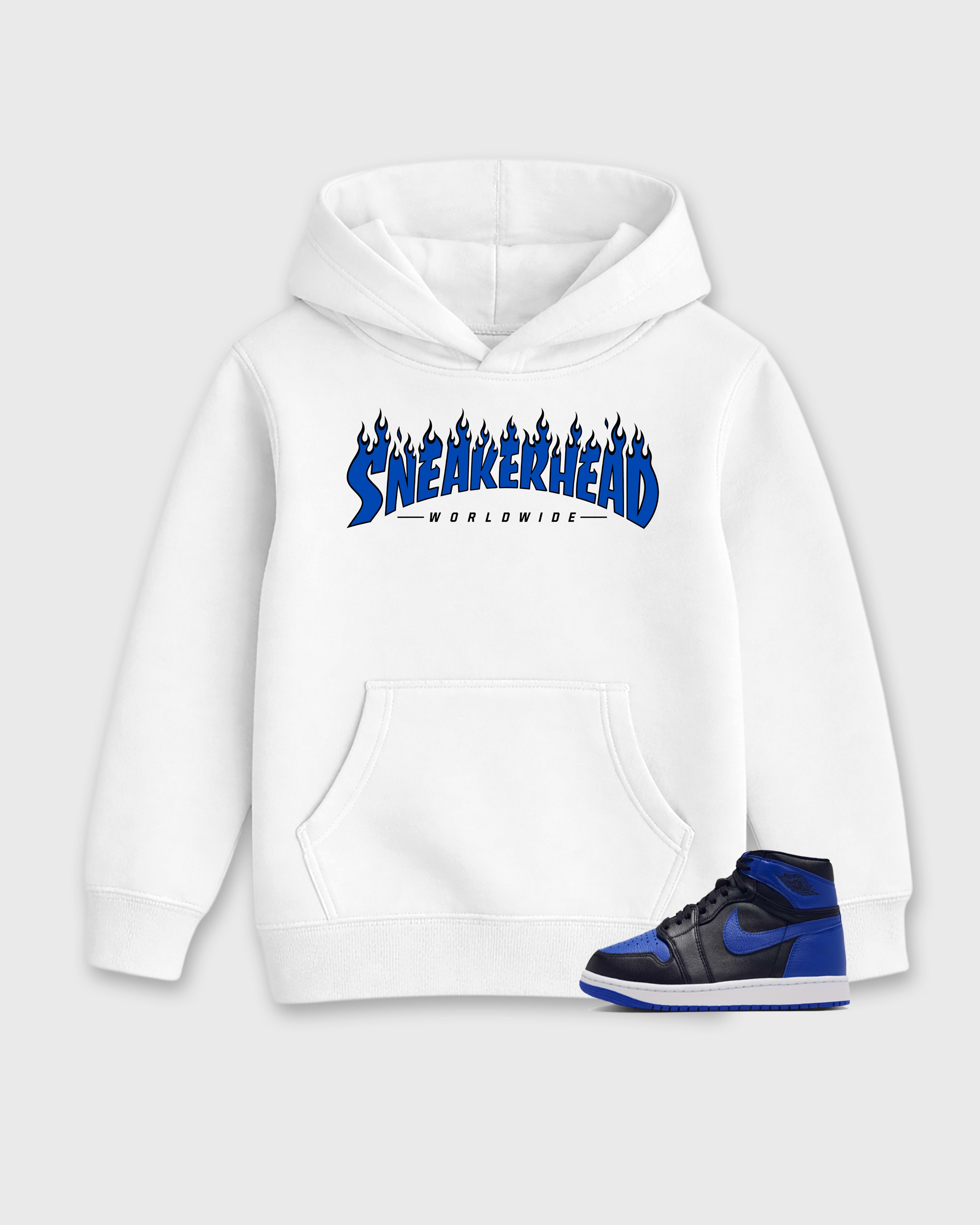 Sneakerhead Worldwide Baby & Kids Graphic Hoodie featuring original artwork designed to match the Air Jordan 1 Royal. White 1 Kids Graphic Sweater.