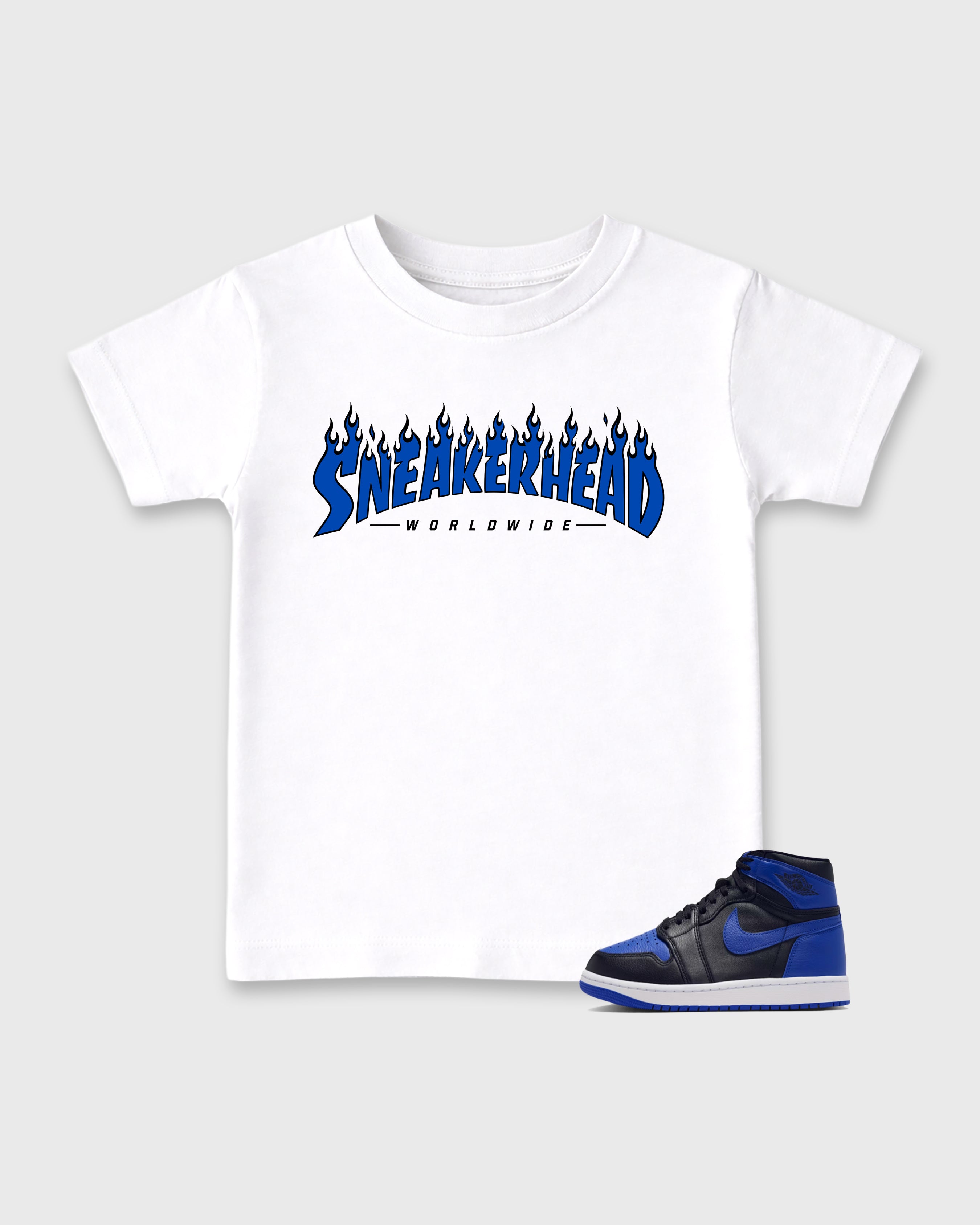 Sneakerhead Worldwide Baby & Kids Graphic T-Shirt featuring original artwork designed to match the Air Jordan 1 Royal. White 1 Kids Graphic Tee.