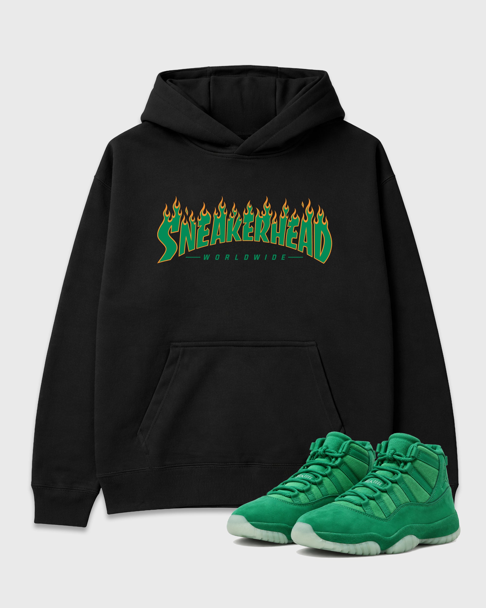 Sneakerhead Worldwide Graphic T-Shirt featuring original streetwear artwork designed to match the Air Jordan 11 Green Screen. Black 1 Graphic Tee.