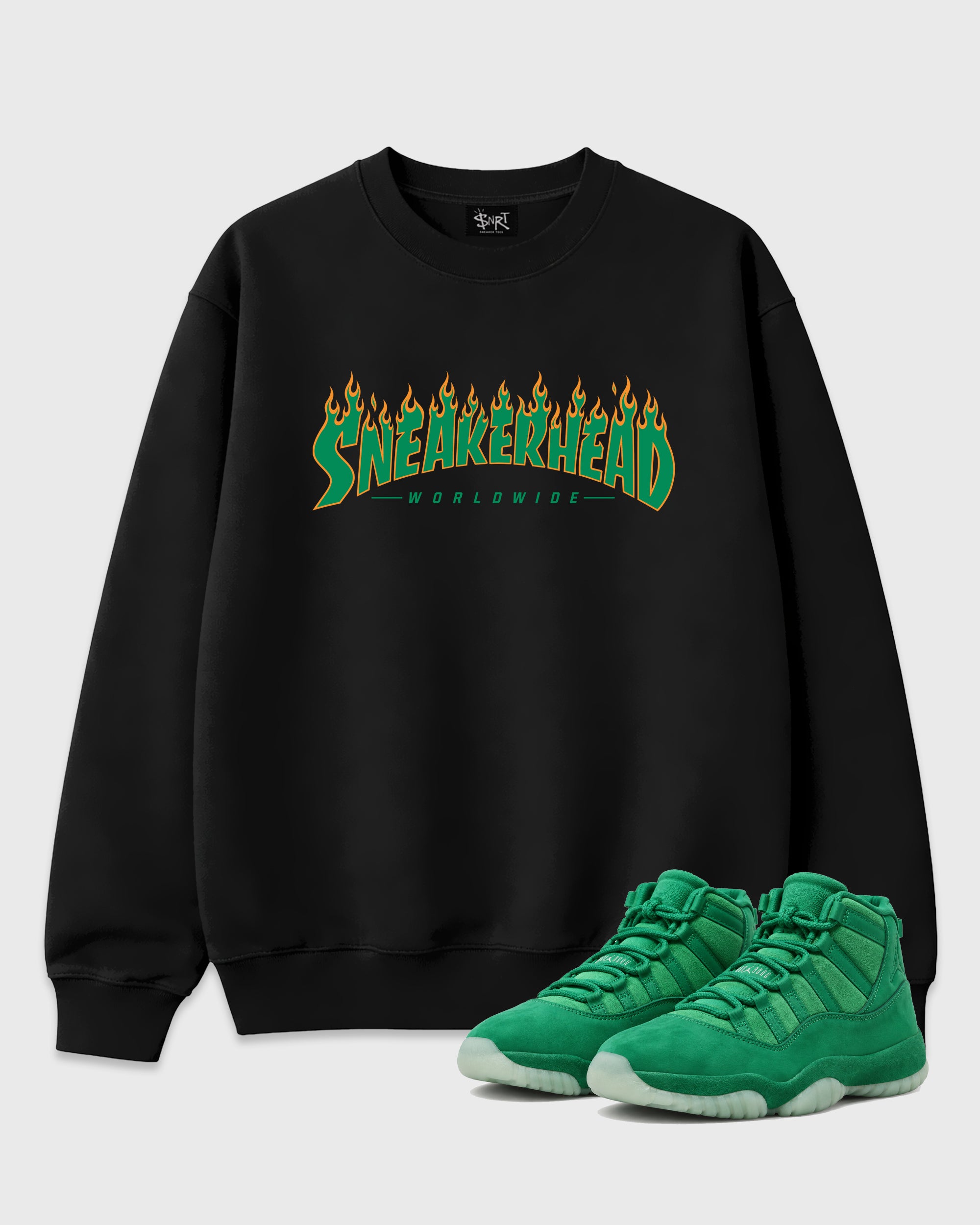 Sneakerhead Worldwide Graphic T-Shirt featuring original streetwear artwork designed to match the Air Jordan 11 Green Screen. Black 1 Graphic Tee.