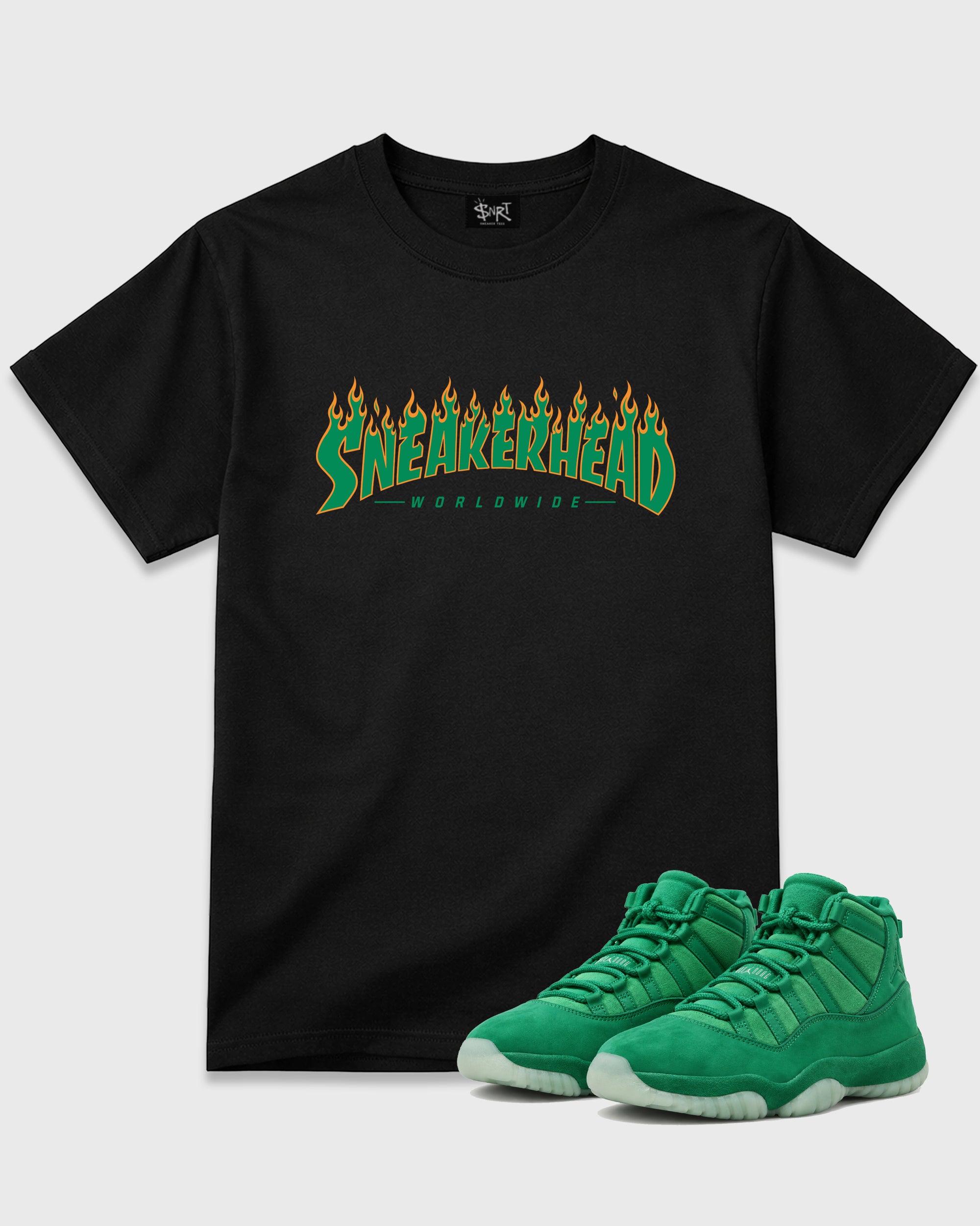 Sneakerhead Worldwide Graphic T-Shirt featuring original streetwear artwork designed to match the Air Jordan 11 Green Screen. Black 1 Graphic T-Shirt.