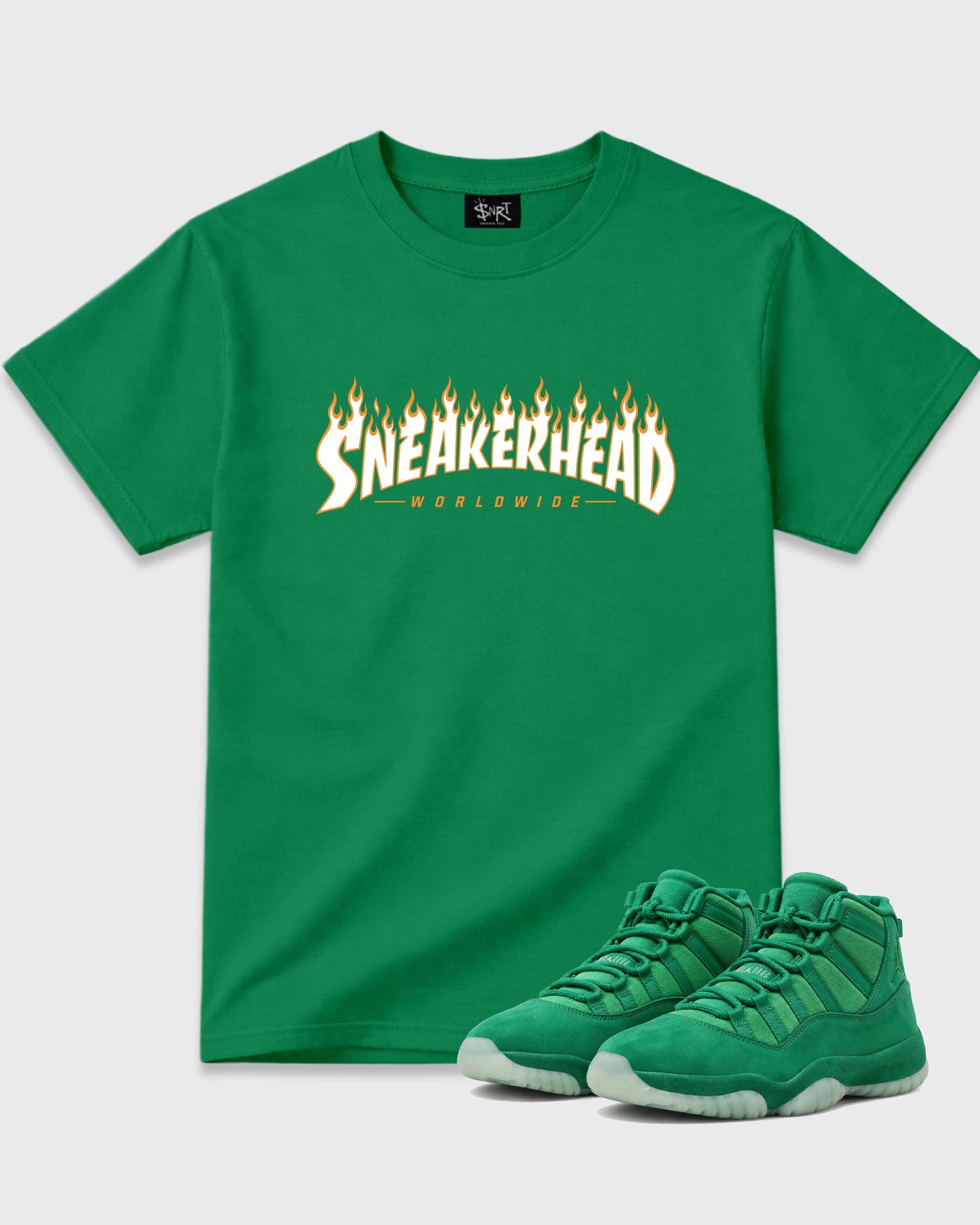 Sneakerhead Worldwide Graphic T-Shirt featuring original streetwear artwork designed to match the Air Jordan 11 Green Screen. Kelly Green 1 Graphic T-Shirt.