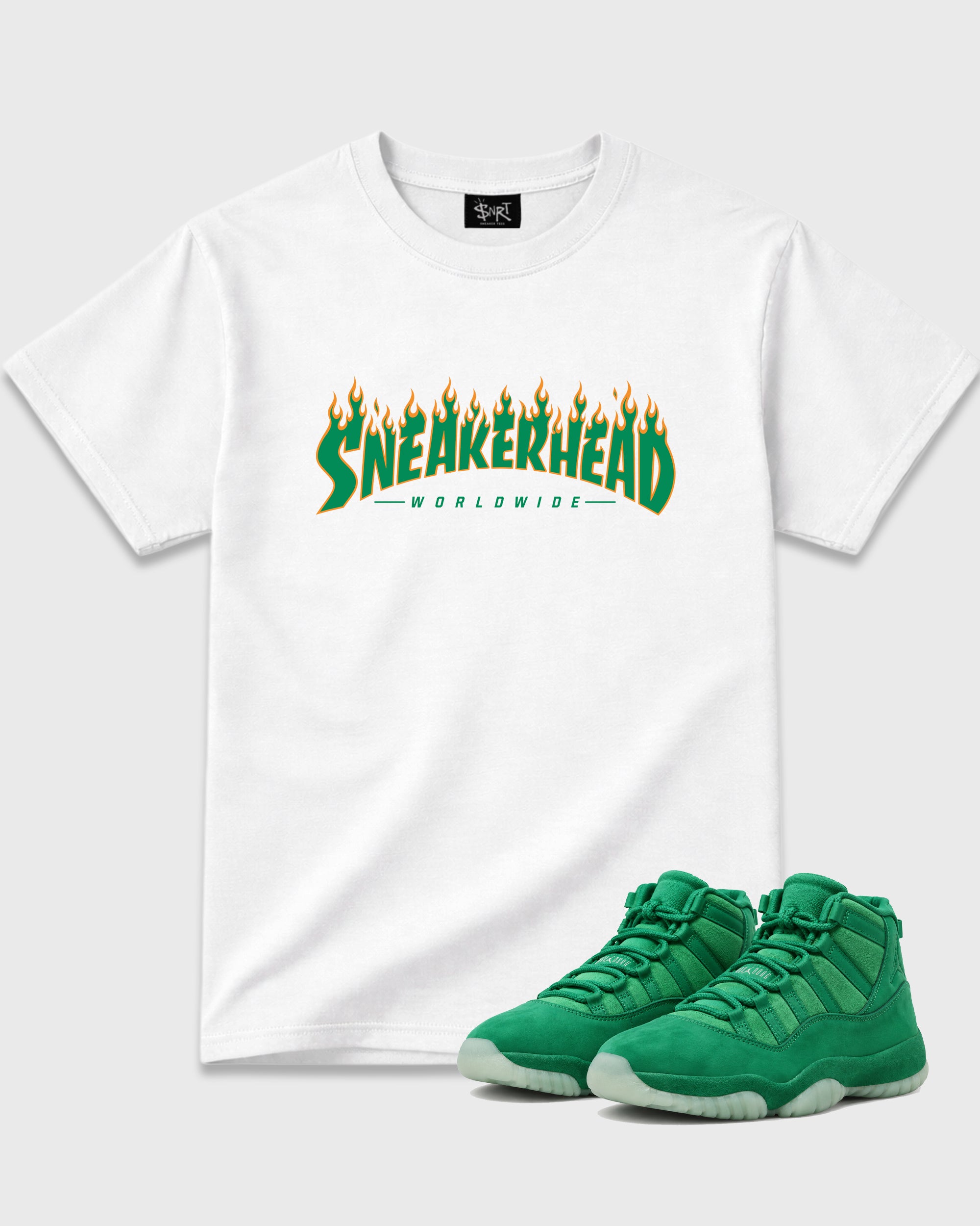 Sneakerhead Worldwide Graphic T-Shirt featuring original streetwear artwork designed to match the Air Jordan 11 Green Screen. White 1 Graphic T-Shirt.