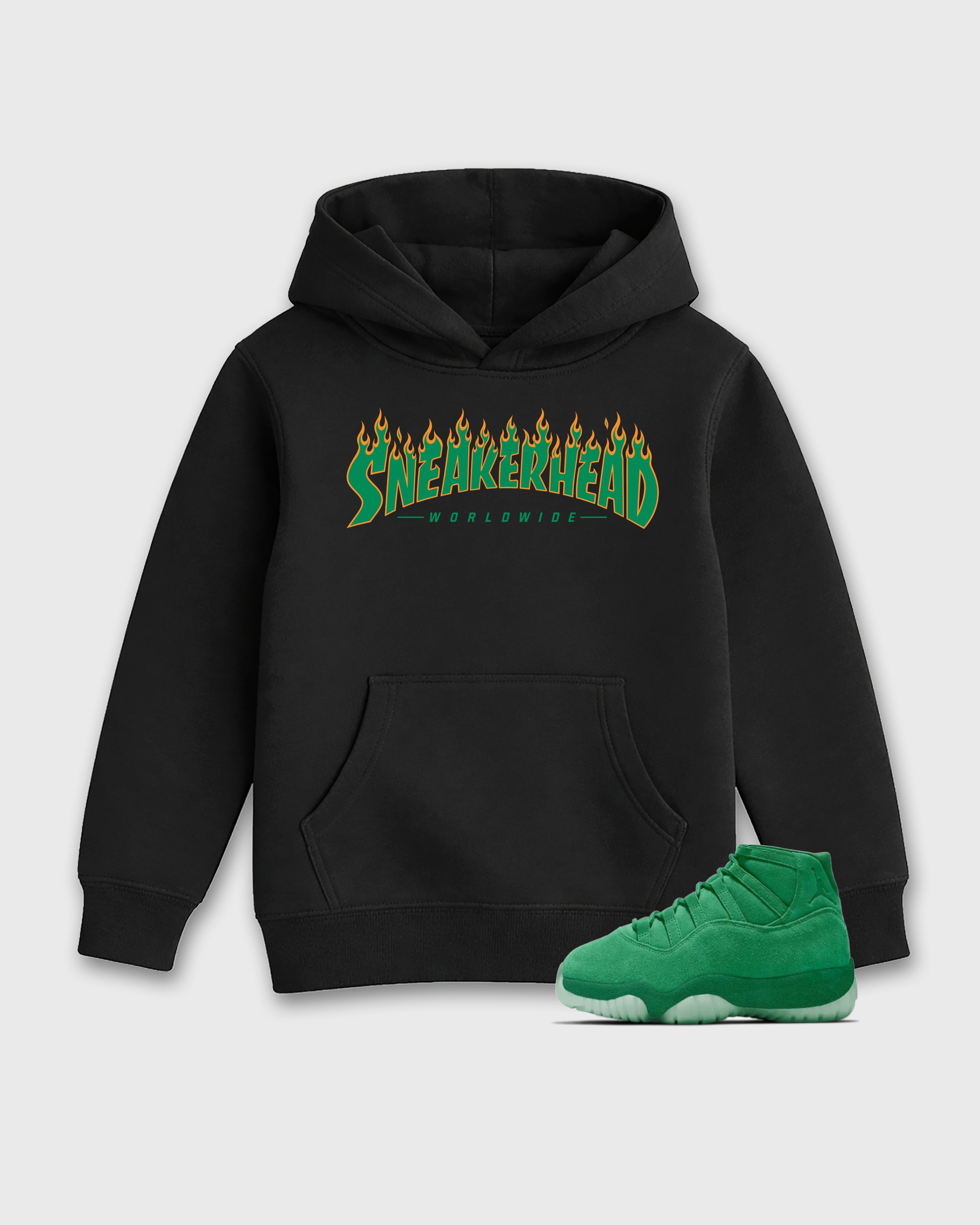 Sneakerhead Worldwide Baby & Kids Graphic Hoodie featuring original artwork designed to match the Air Jordan 11 Green Screen. Black 1 Kids Graphic Sweater.