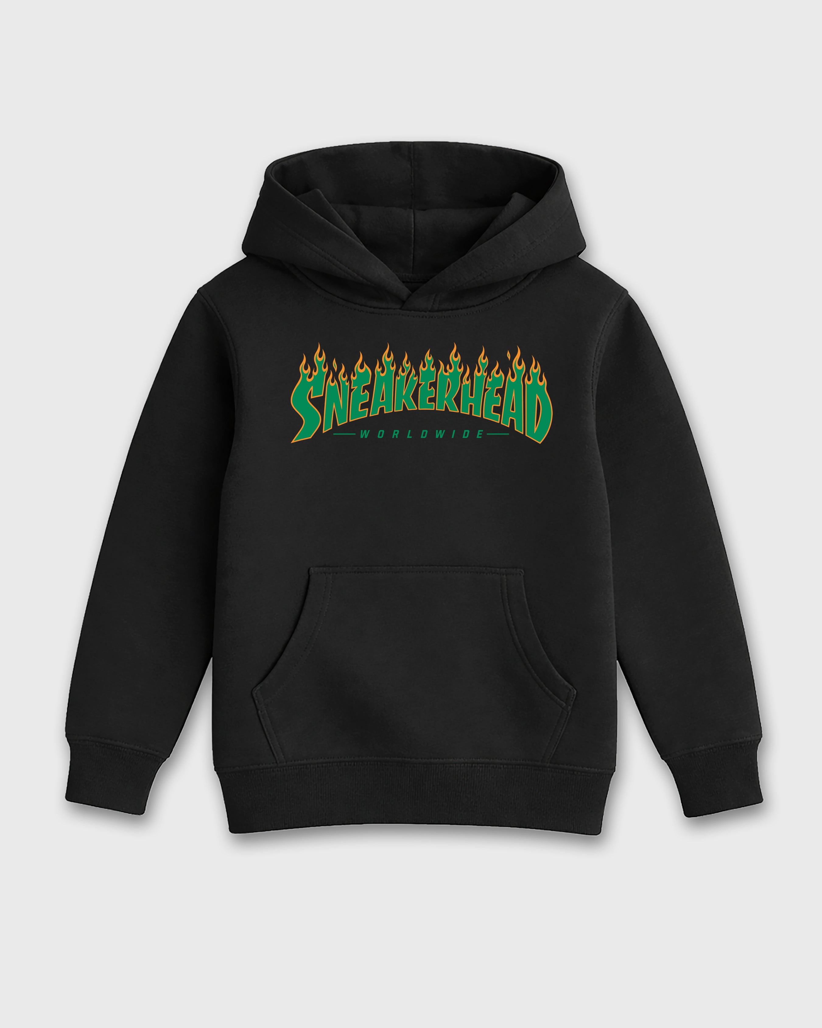 Sneakerhead Worldwide Baby & Kids Graphic Hoodie featuring original artwork designed to match the Air Jordan 11 Green Screen. Black 2 Kids Graphic Sweater.