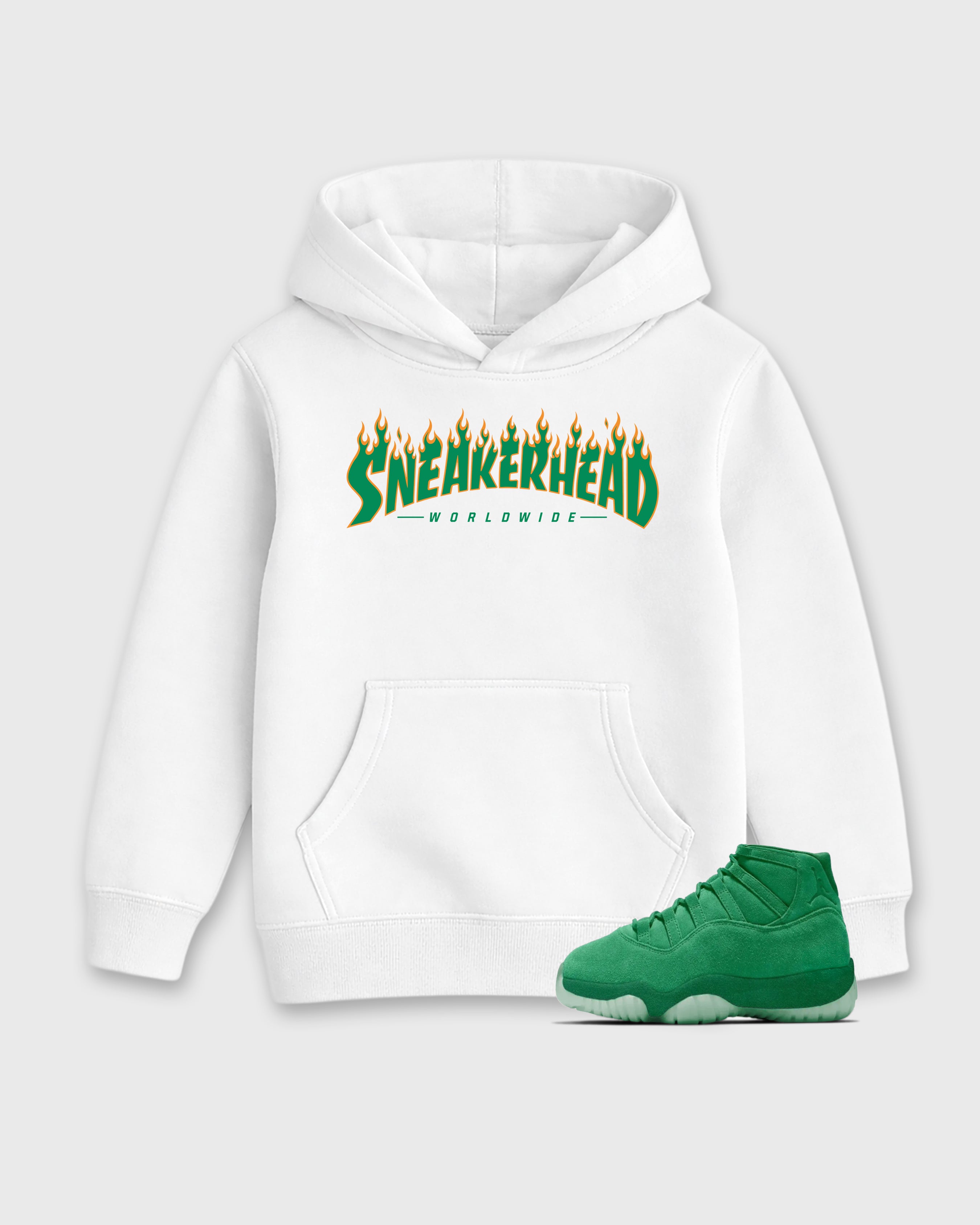 Sneakerhead Worldwide Baby & Kids Graphic Hoodie featuring original artwork designed to match the Air Jordan 11 Green Screen. White 1 Kids Graphic Sweater.