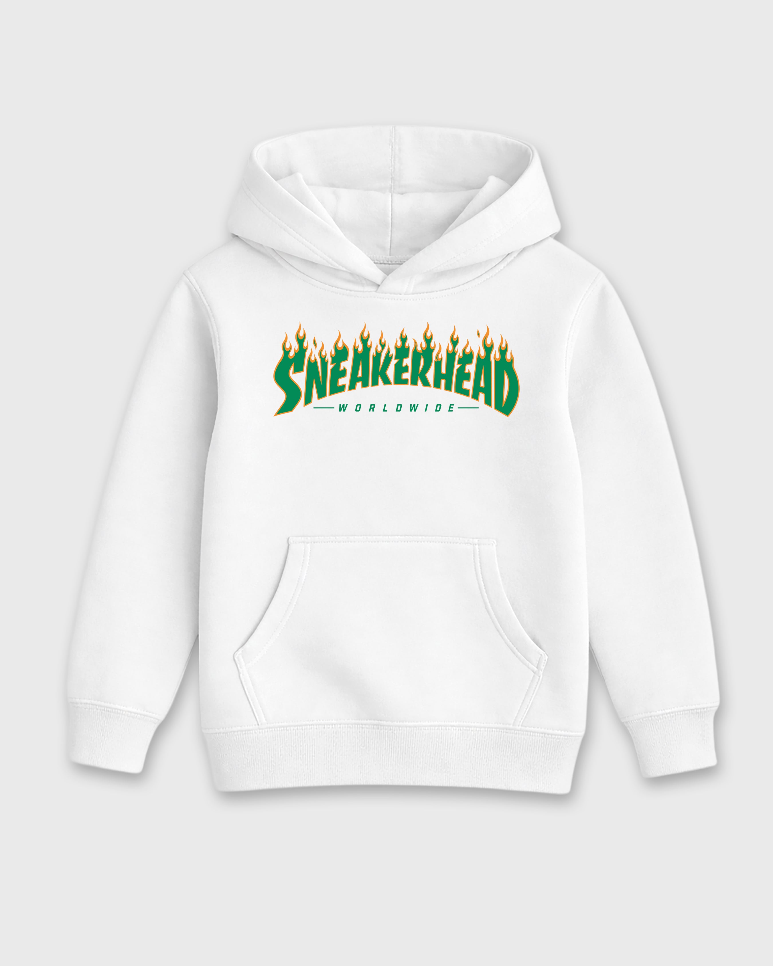 Sneakerhead Worldwide Baby & Kids Graphic Hoodie featuring original artwork designed to match the Air Jordan 11 Green Screen. White 2 Kids Graphic Sweater.