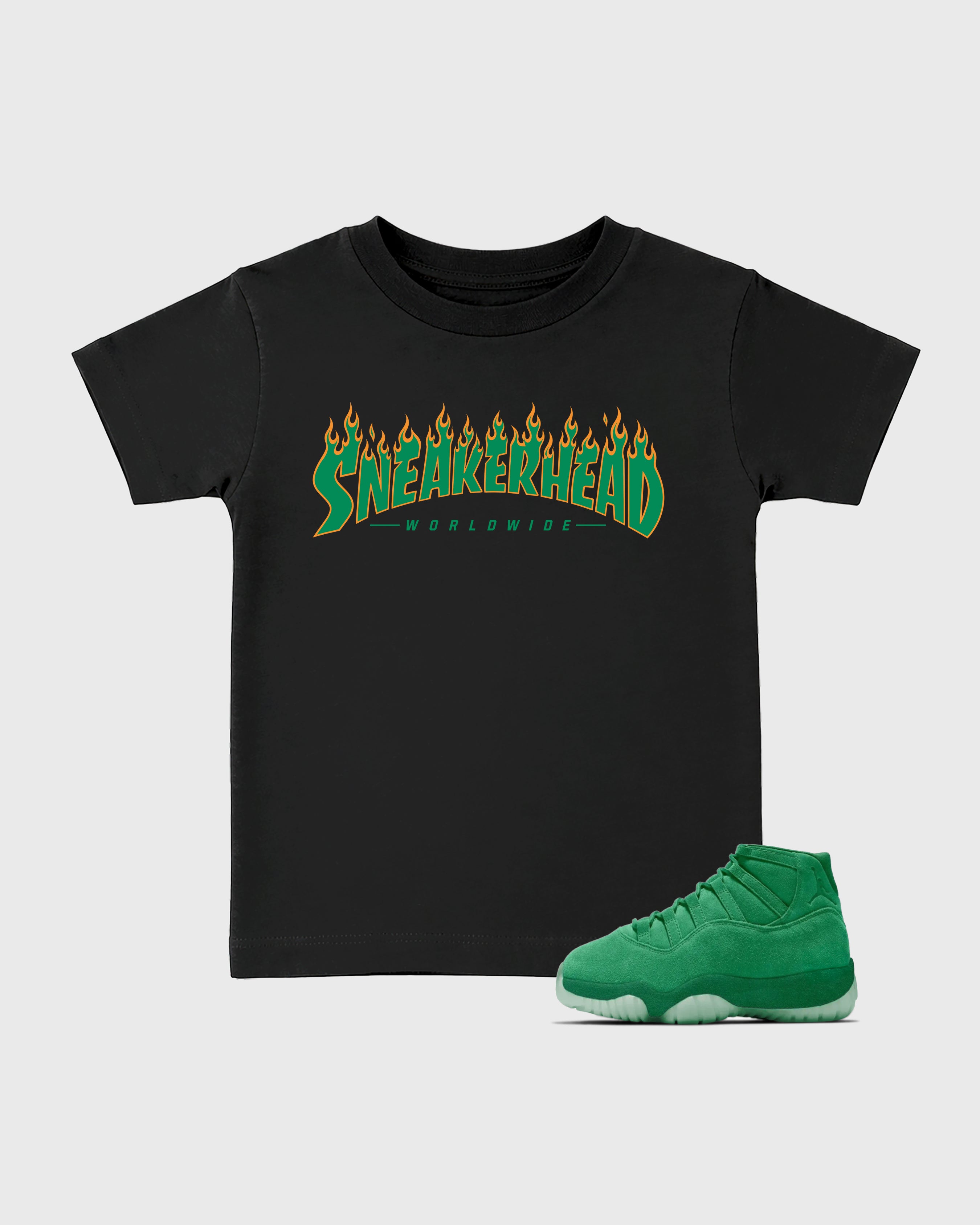 Sneakerhead Worldwide Baby & Kids Graphic T-Shirt featuring original artwork designed to match the Air Jordan 11 Green Screen. Black 1 Kids Graphic Tee.