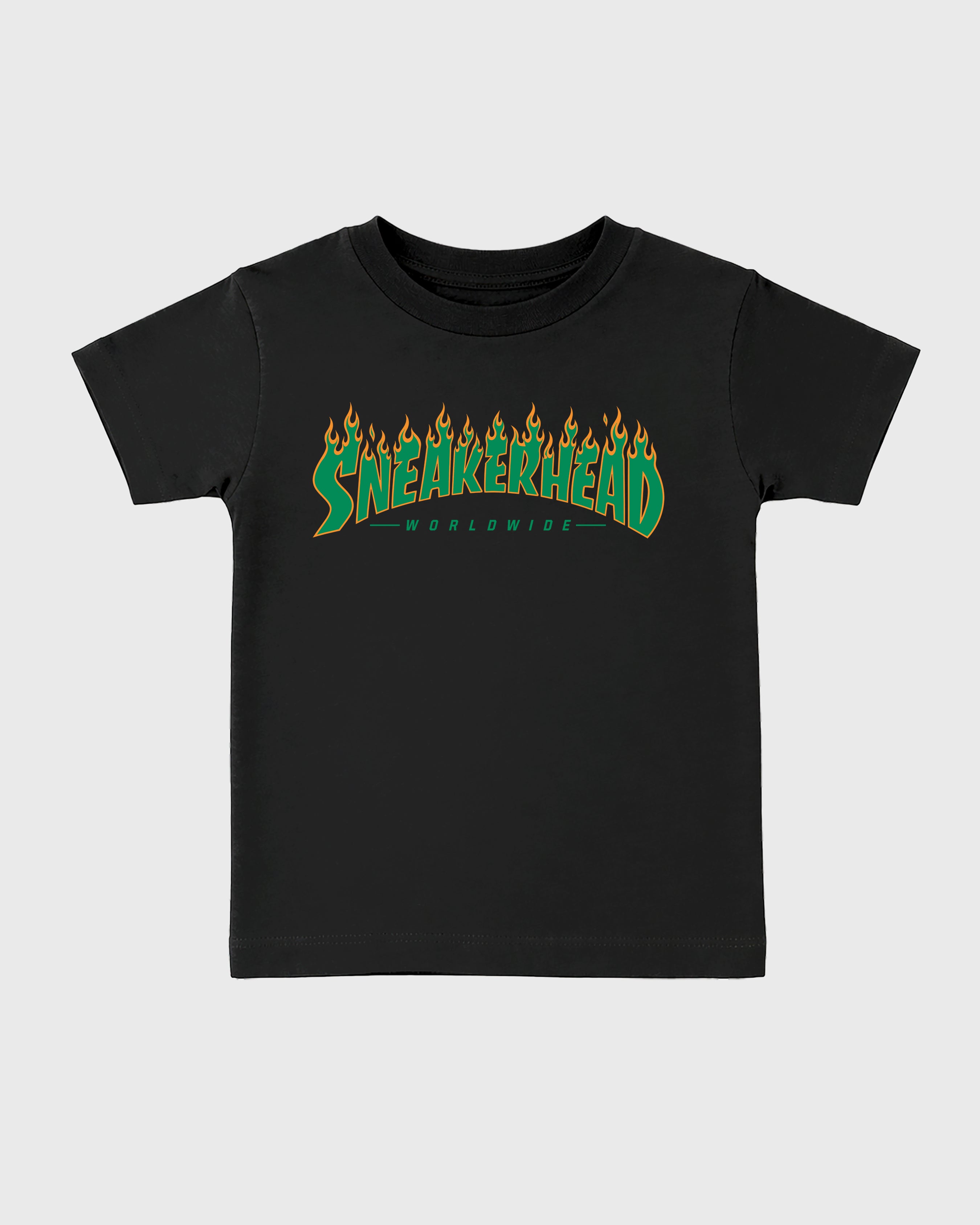 Sneakerhead Worldwide Baby & Kids Graphic T-Shirt featuring original artwork designed to match the Air Jordan 11 Green Screen. Black 2 Kids Graphic Tee.