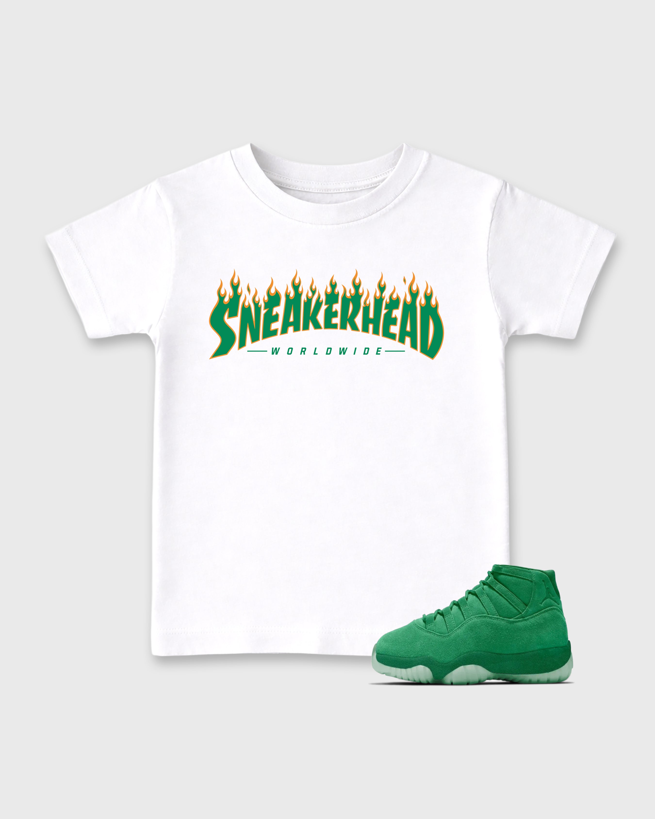 Sneakerhead Worldwide Baby & Kids Graphic T-Shirt featuring original artwork designed to match the Air Jordan 11 Green Screen. White 1 Kids Graphic Tee.