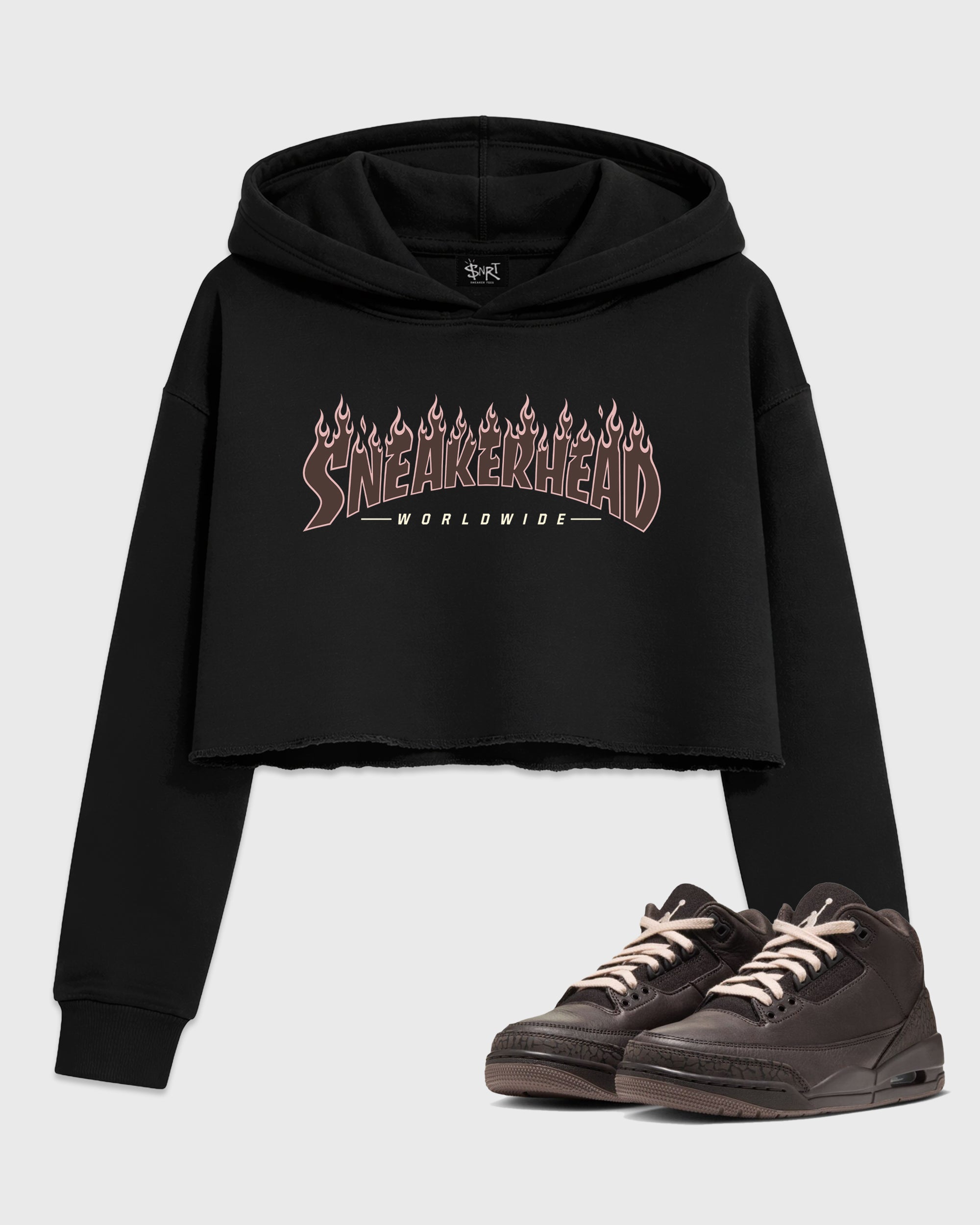 Sneakerhead Worldwide Women’s Graphic Crop Tee featuring original streetwear artwork designed to match the Air Jordan 3 Fireside. Black 1 Crop Tee.