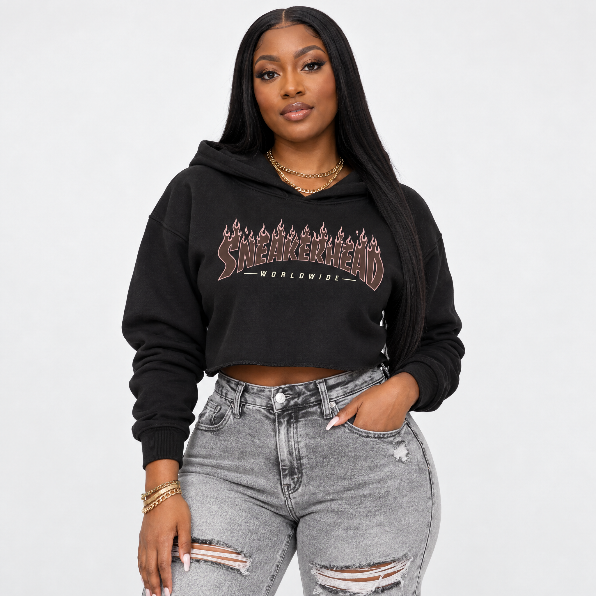Sneakerhead Worldwide Women’s Graphic Crop Tee featuring original streetwear artwork designed to match the Air Jordan 3 Fireside. Black 1 Crop Tee.