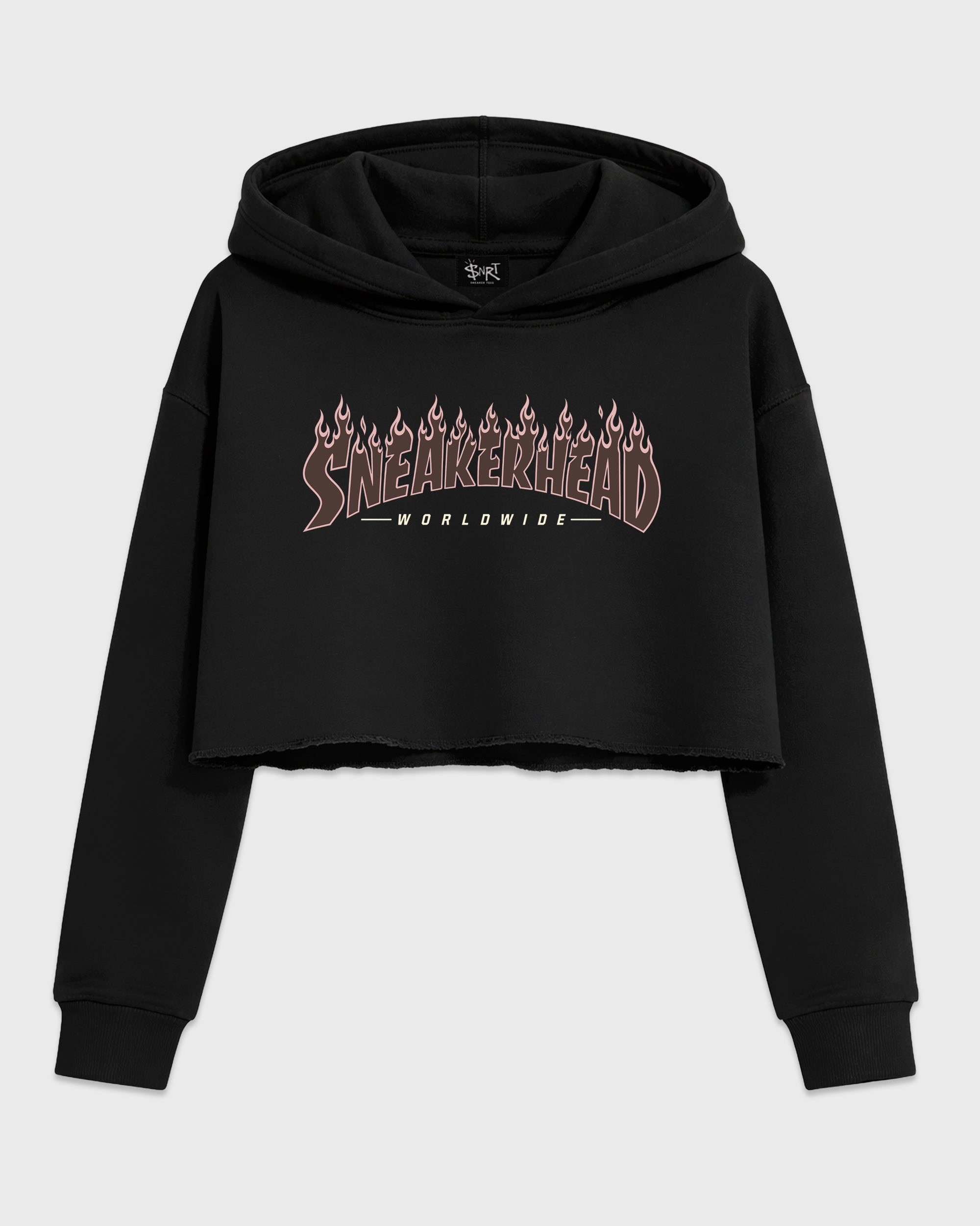 Sneakerhead Worldwide Women’s Graphic Crop Tee featuring original streetwear artwork designed to match the Air Jordan 3 Fireside. Black 2 Crop Tee.