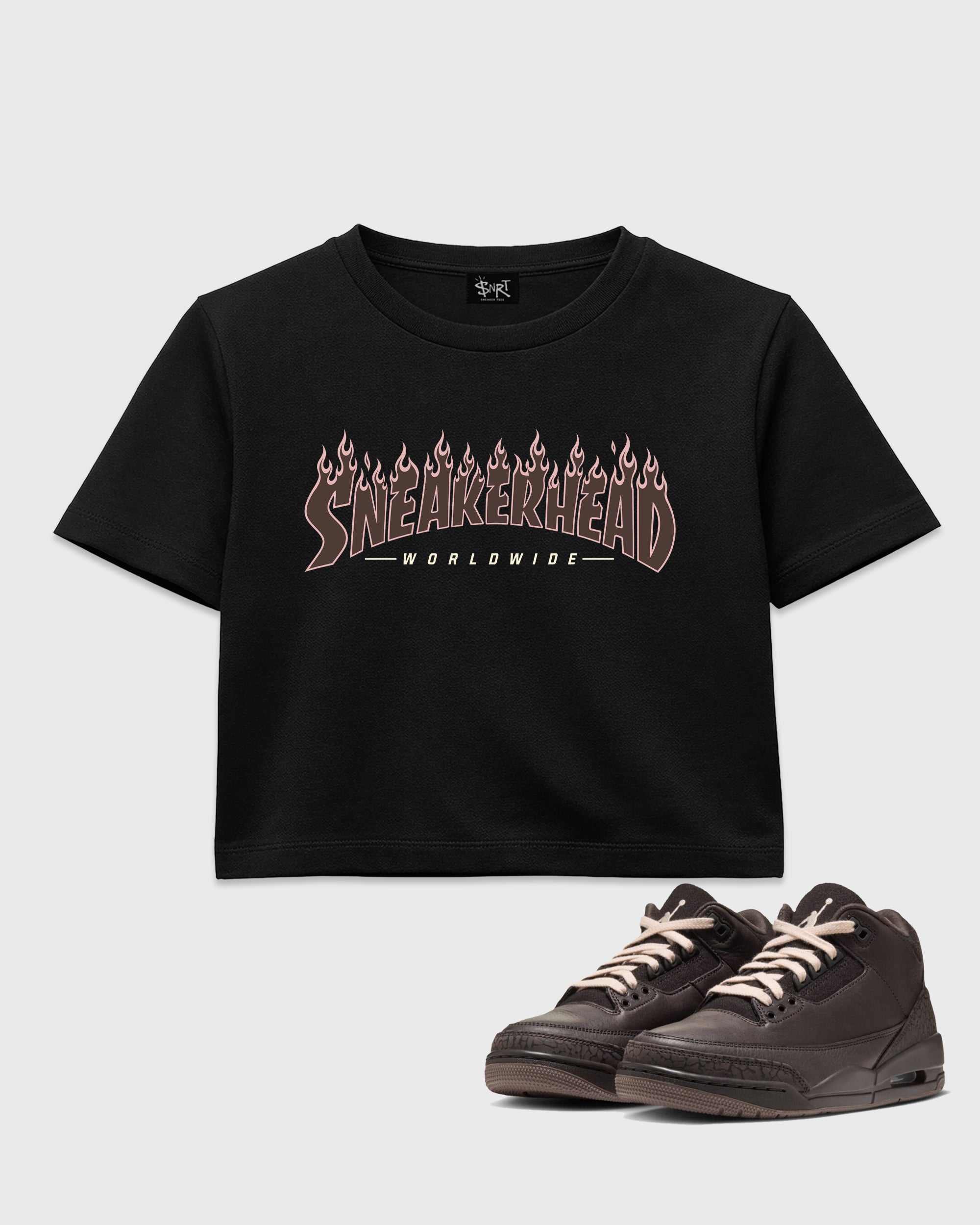 Sneakerhead Worldwide women’s crop tee designed to match the Air Jordan 3 Fireside, featuring coordinated Black 1 options for a perfect streetwear vibe.
