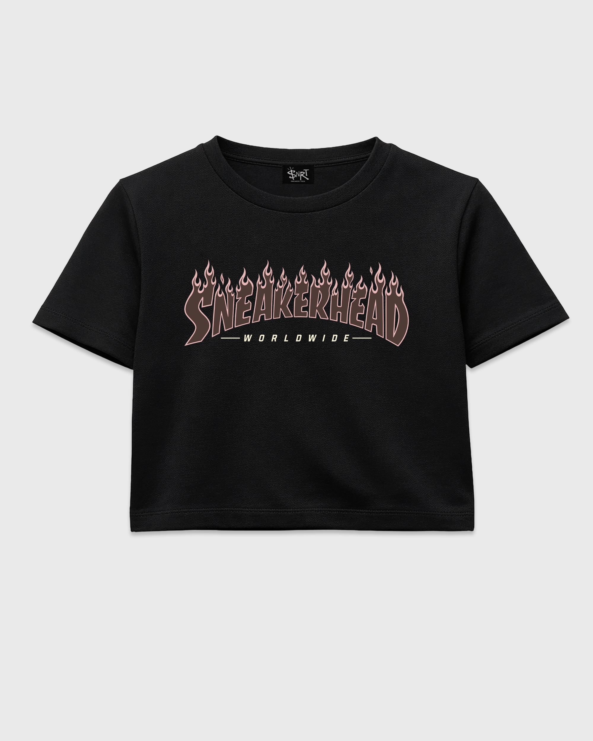 Sneakerhead Worldwide women’s crop tee designed to match the Air Jordan 3 Fireside, featuring coordinated Black 2 options for a perfect streetwear vibe.
