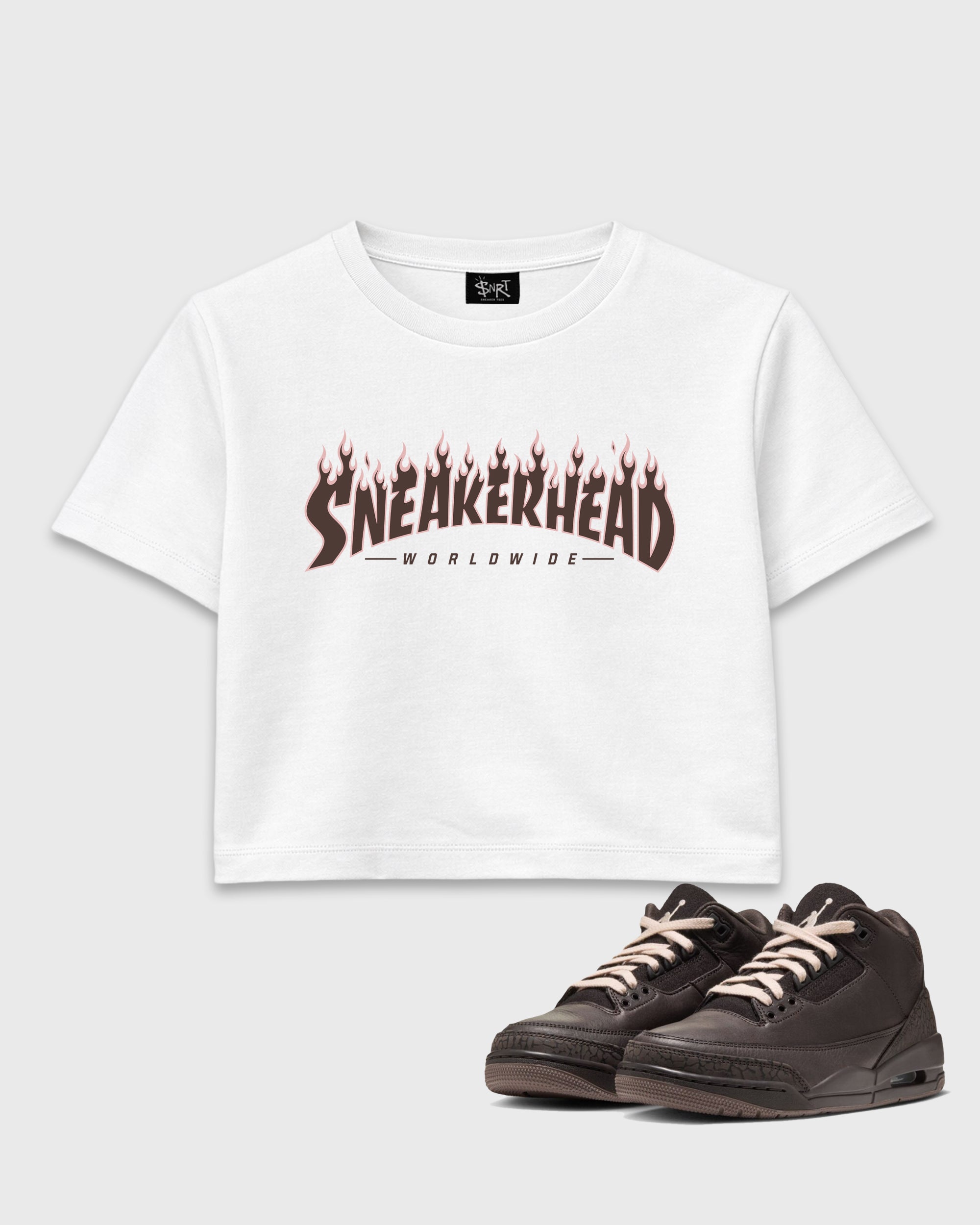 Sneakerhead Worldwide women’s crop tee designed to match the Air Jordan 3 Fireside, featuring coordinated White 1 options for a perfect streetwear vibe.