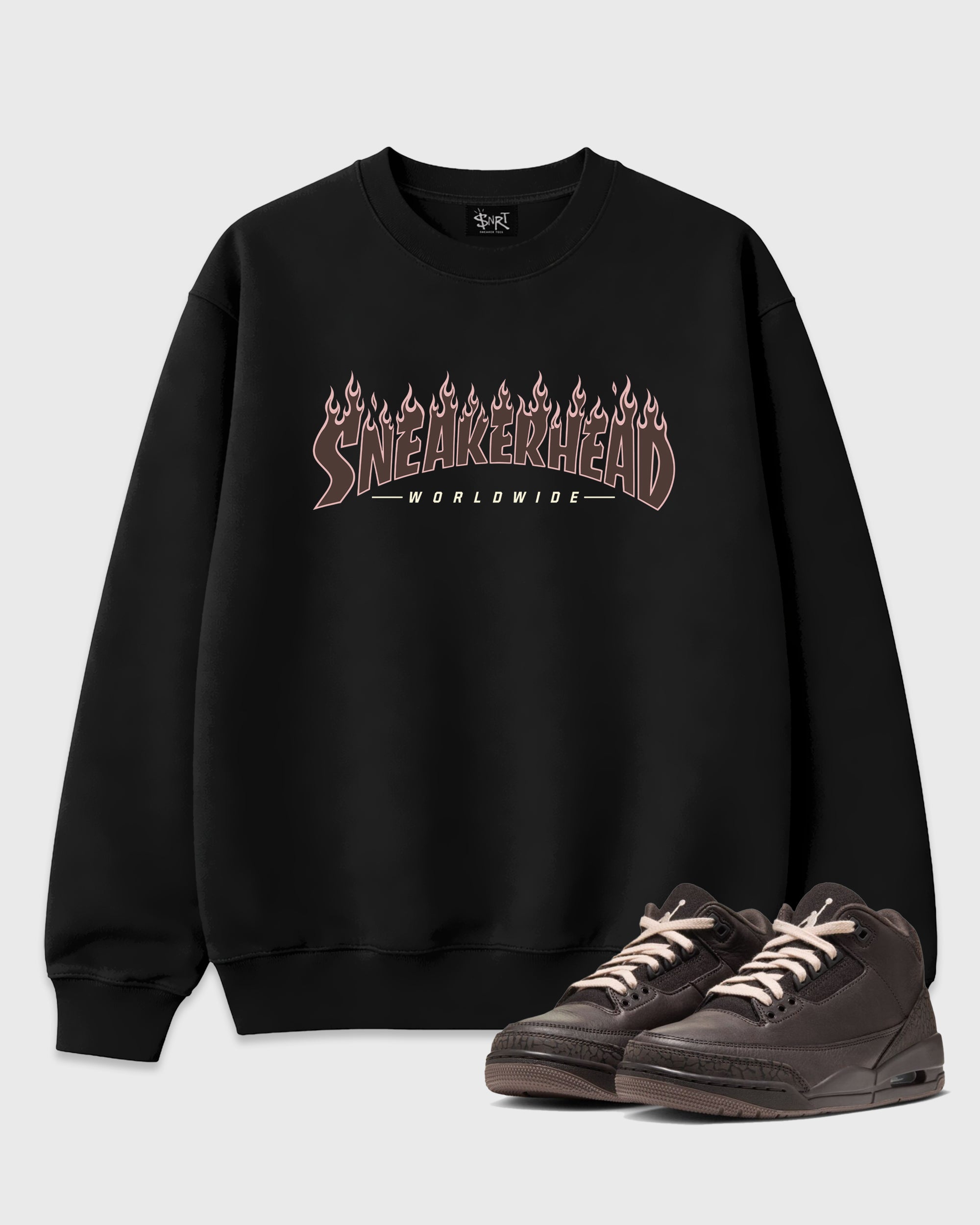 Sneakerhead Worldwide Graphic T-Shirt featuring original streetwear artwork designed to match the Air Jordan 3 Fireside. Black 1 Graphic Tee.