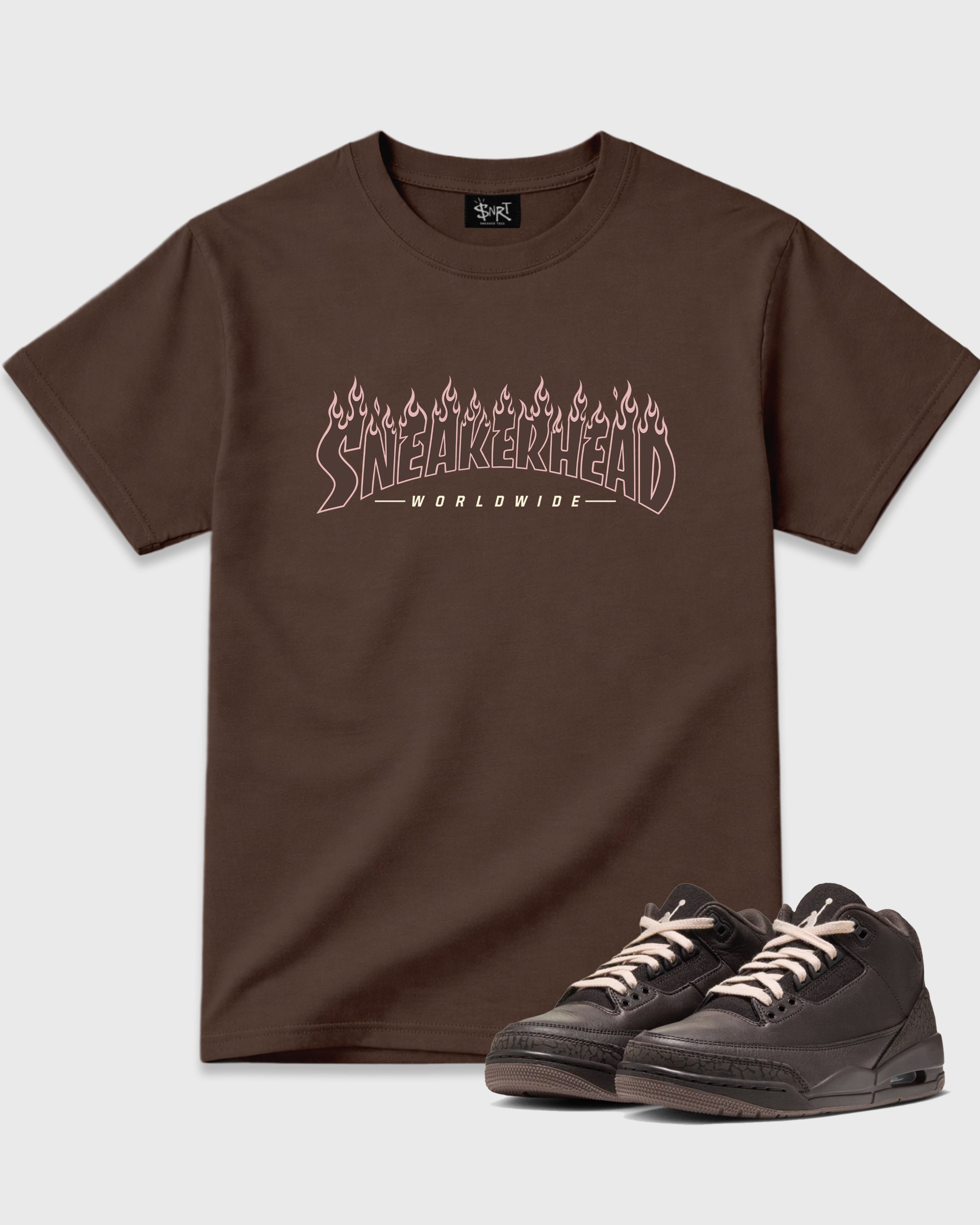 Sneakerhead Worldwide Graphic T-Shirt featuring original streetwear artwork designed to match the Air Jordan 3 Fireside. Dark Chocolate 1 Graphic T-Shirt.