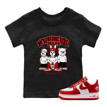 Sneakerheads Social Club baby and kids t-shirt crafted for little sneakerheads to shine with the Air Force 1 University Red sneakers, displayed in Black 1.