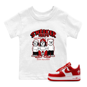 Sneakerheads Social Club baby and kids t-shirt crafted for little sneakerheads to shine with the Air Force 1 University Red sneakers, displayed in White 1.
