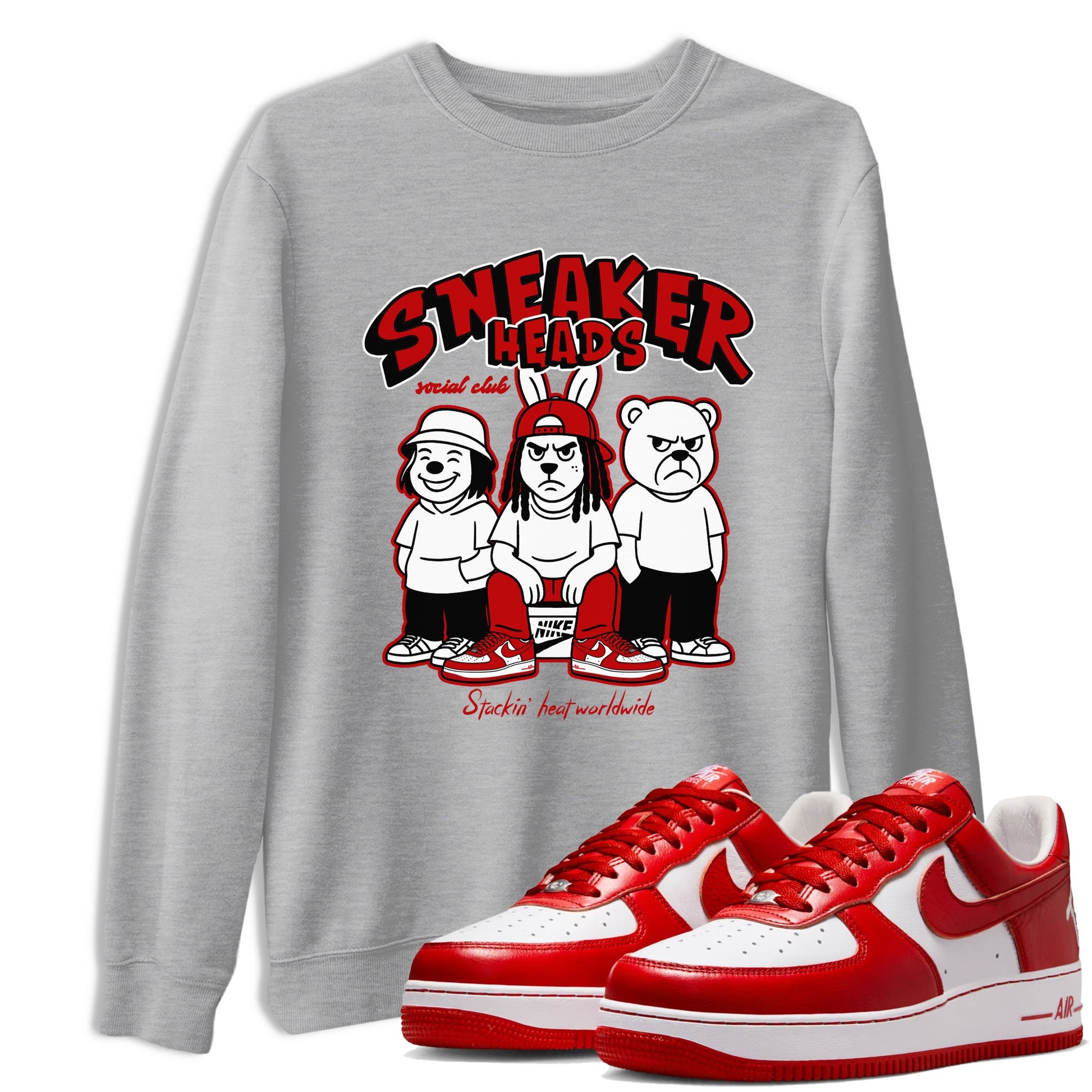 Sneakerheads Social Club sneaker match t-shirt styled to complete your fit with the Air Force 1 University Red sneakers, AF1 Terror Squad shown in Heather Grey 1.