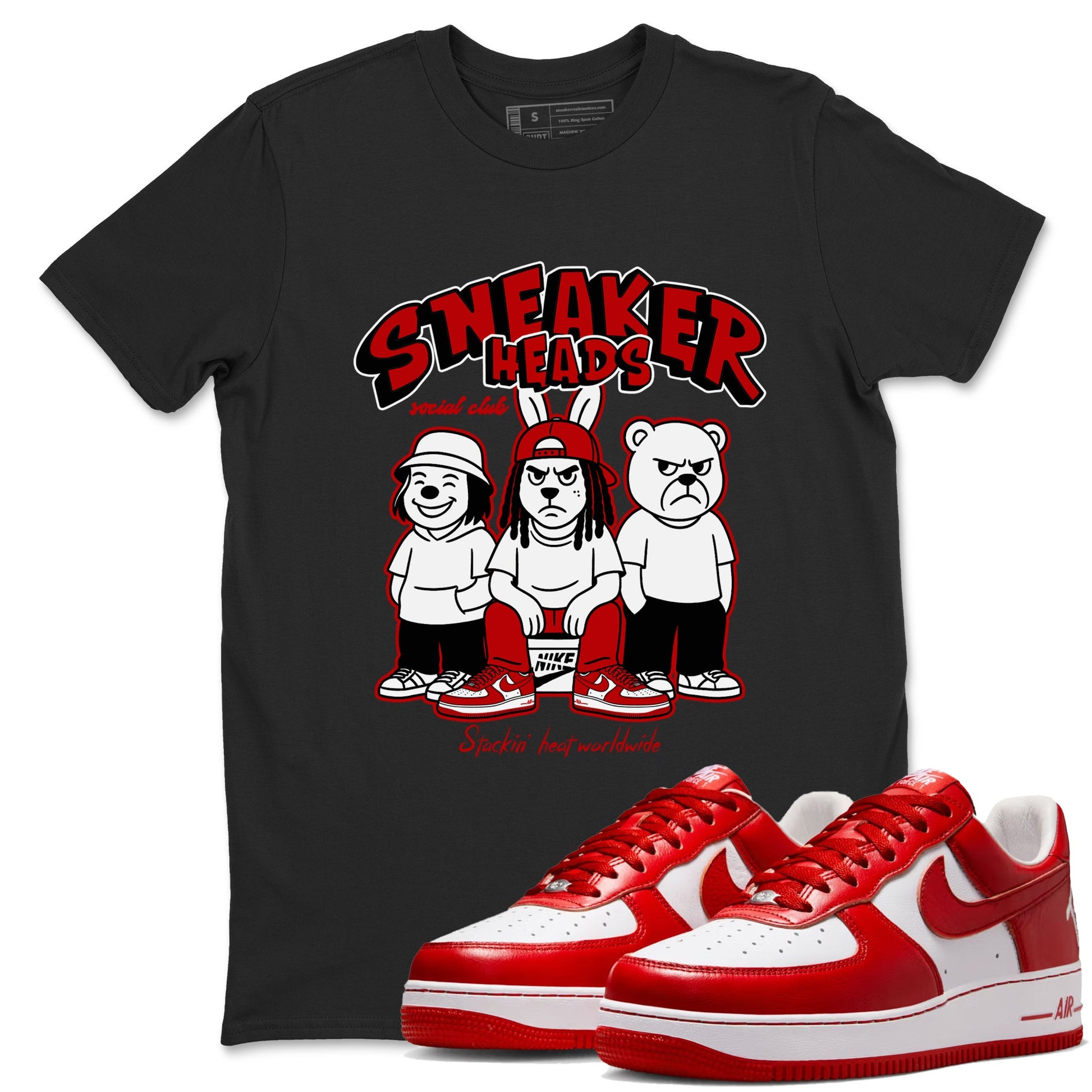Sneakerheads Social Club sneaker match t-shirt styled to complete your fit with the Air Force 1 University Red sneakers, AF1 Terror Squad shown in Black 1.