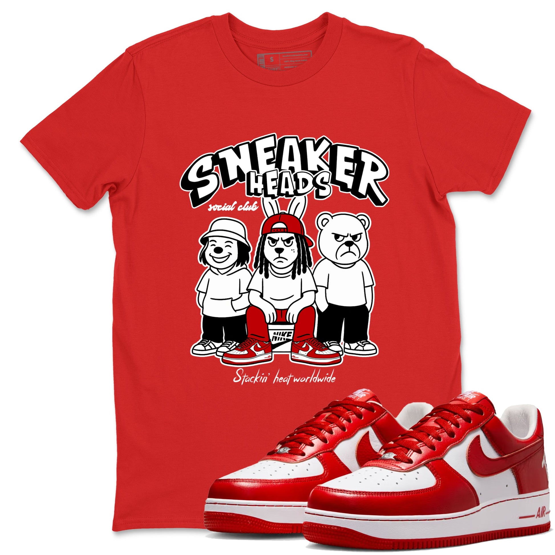 Sneakerheads Social Club sneaker match t-shirt styled to complete your fit with the Air Force 1 University Red sneakers, AF1 Terror Squad shown in Red 1.