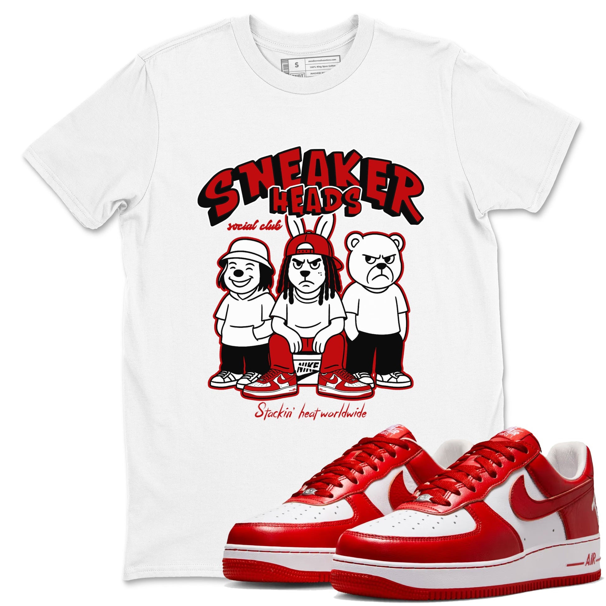 Sneakerheads Social Club sneaker match t-shirt styled to complete your fit with the Air Force 1 University Red sneakers, AF1 Terror Squad shown in White 1.