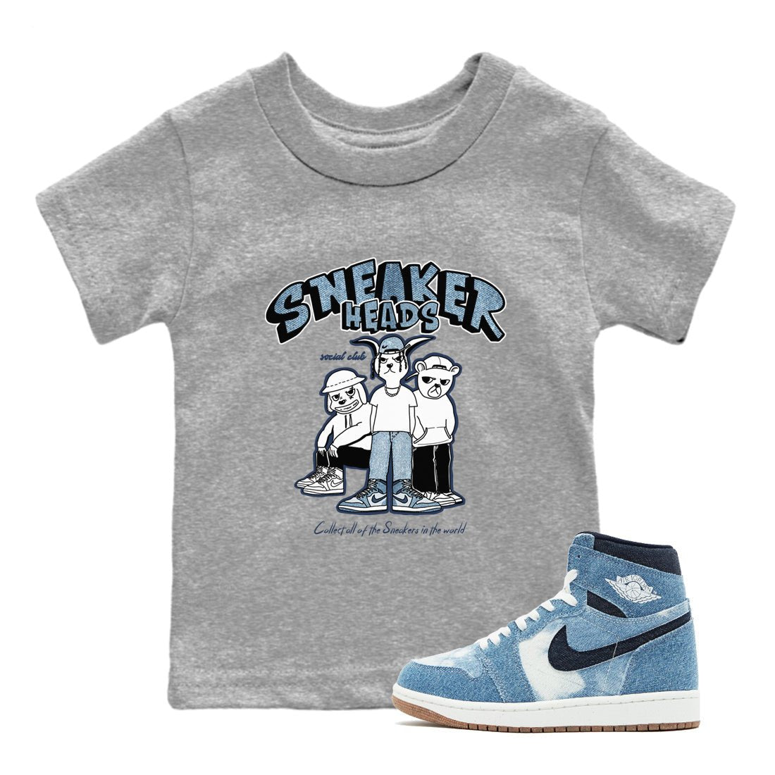 Air Jordan 1 Denim shirts to match jordans Sneakerheads Social Club sneaker match tees Air Jordan 1 Denim SNRT Sneaker Tees streetwear brand Baby and Youth Heather Grey 1 cotton tee