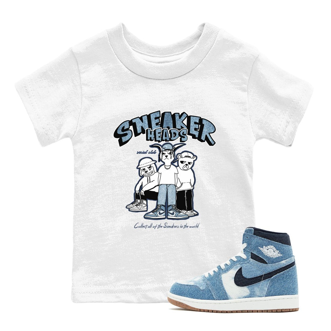 Air Jordan 1 Denim shirts to match jordans Sneakerheads Social Club sneaker match tees Air Jordan 1 Denim SNRT Sneaker Tees streetwear brand Baby and Youth White 1 cotton tee