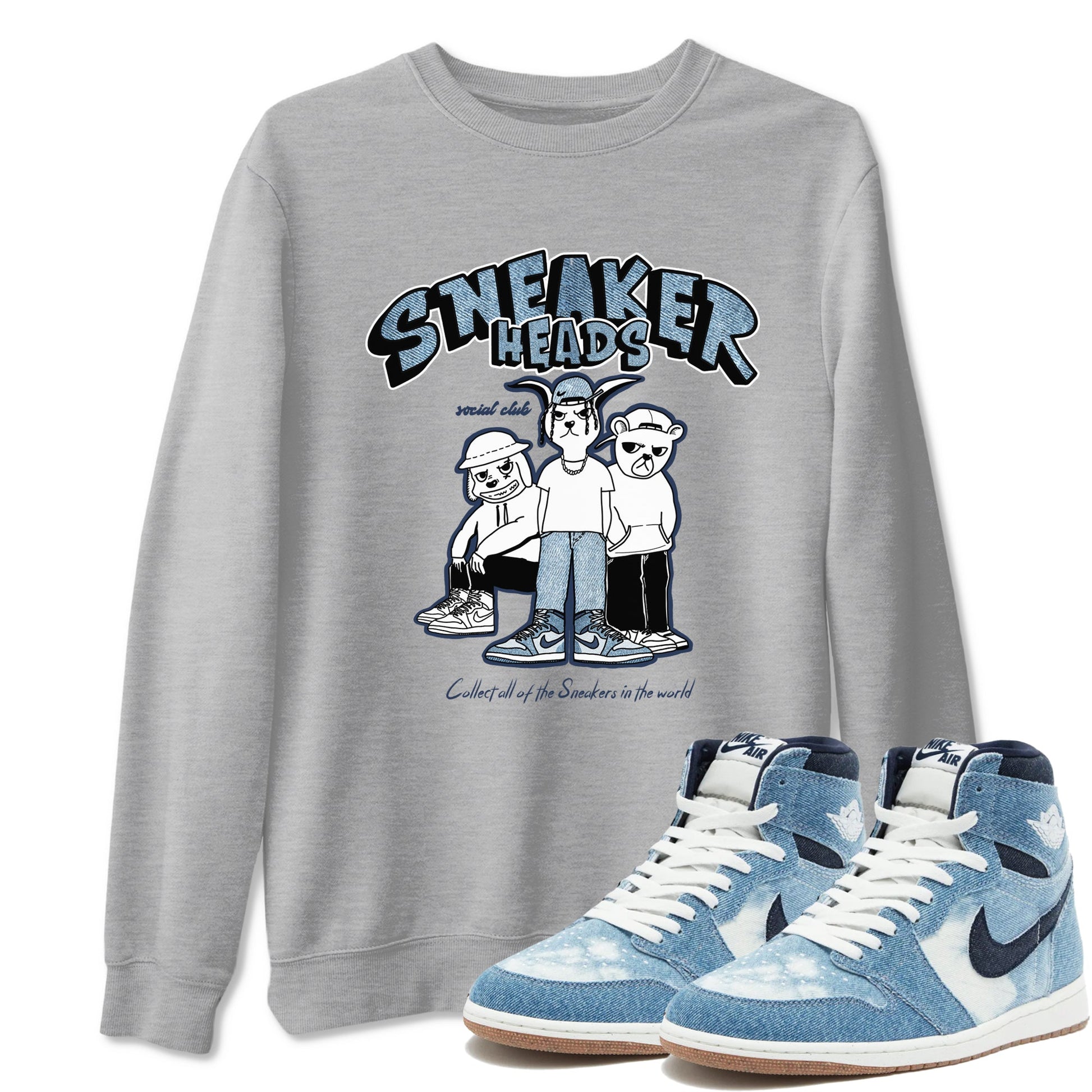 Air Jordan 1 Denim shirts to match jordans Sneakerheads Social Club sneaker match tees Air Jordan 1 Denim SNRT Sneaker Tees streetwear brand Heather Grey 1 unisex cotton tee