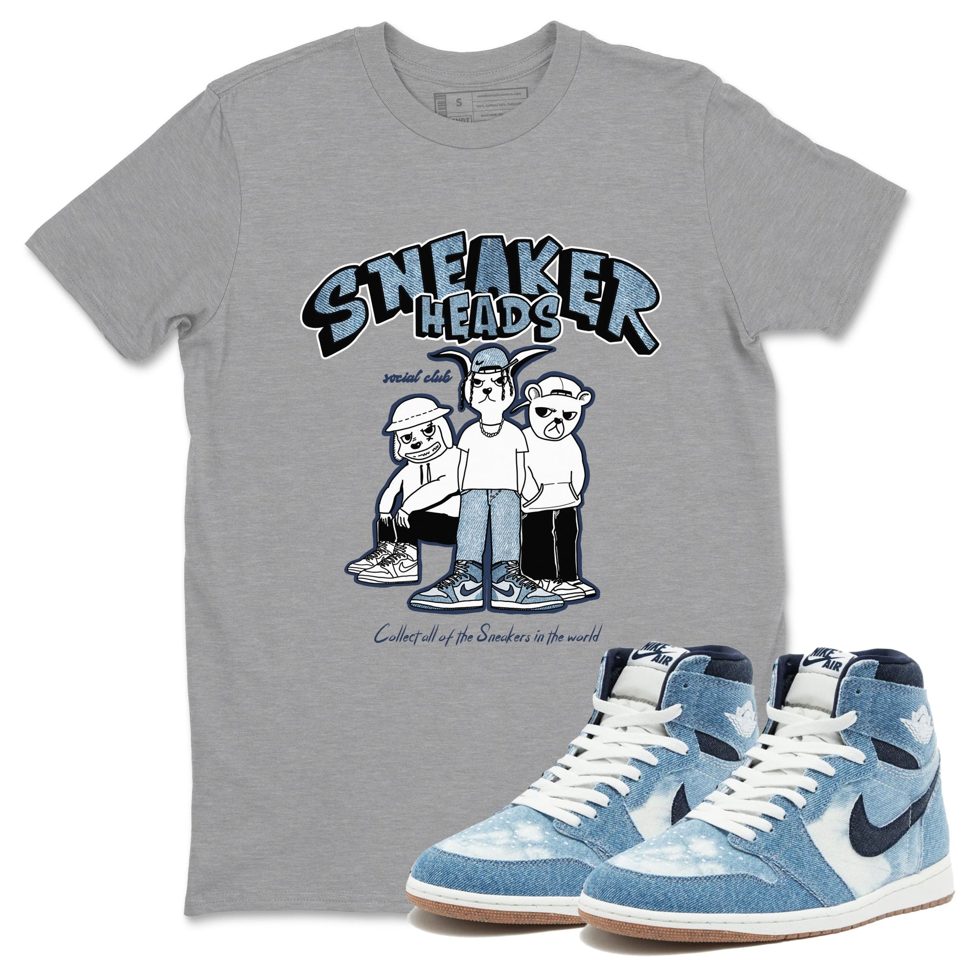 Air Jordan 1 Denim shirts to match jordans Sneakerheads Social Club sneaker match tees Air Jordan 1 Denim SNRT Sneaker Tees streetwear brand Heather Grey 1 unisex cotton tee