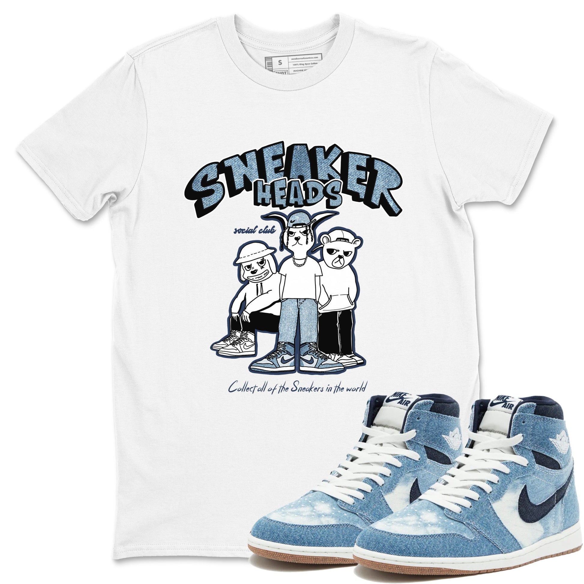 Air Jordan 1 Denim shirts to match jordans Sneakerheads Social Club sneaker match tees Air Jordan 1 Denim SNRT Sneaker Tees streetwear brand White 1 unisex cotton tee