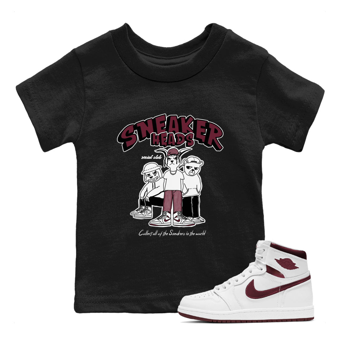 1s Metallic Burgundy shirts to match jordans Sneakerheads Social Club sneaker match tees Air Jordan 1 Metallic Burgundy SNRT Sneaker Tees streetwear brand Baby and Youth Black 1 cotton tee
