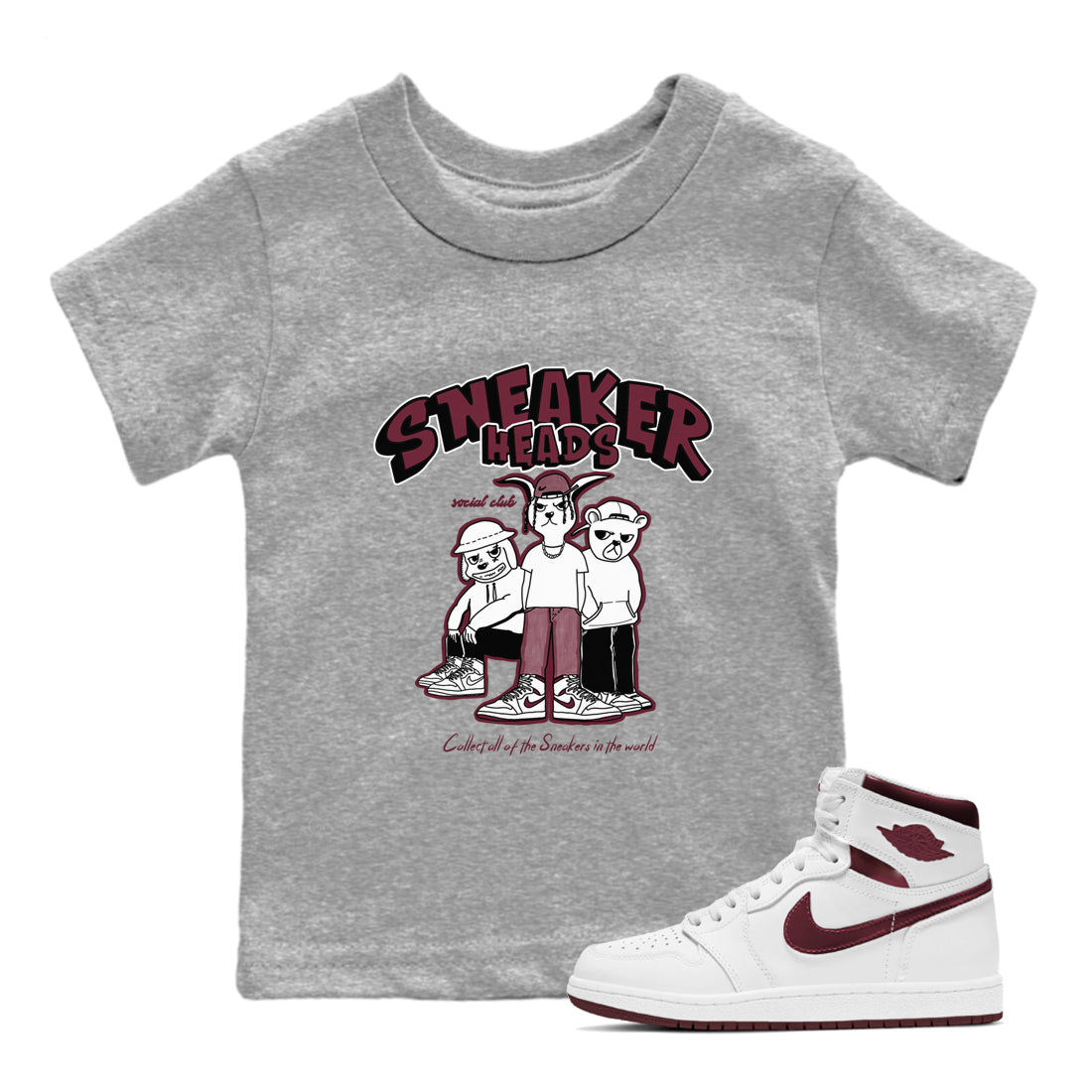 1s Metallic Burgundy shirts to match jordans Sneakerheads Social Club sneaker match tees Air Jordan 1 Metallic Burgundy SNRT Sneaker Tees streetwear brand Baby and Youth Heather Grey 1 cotton tee