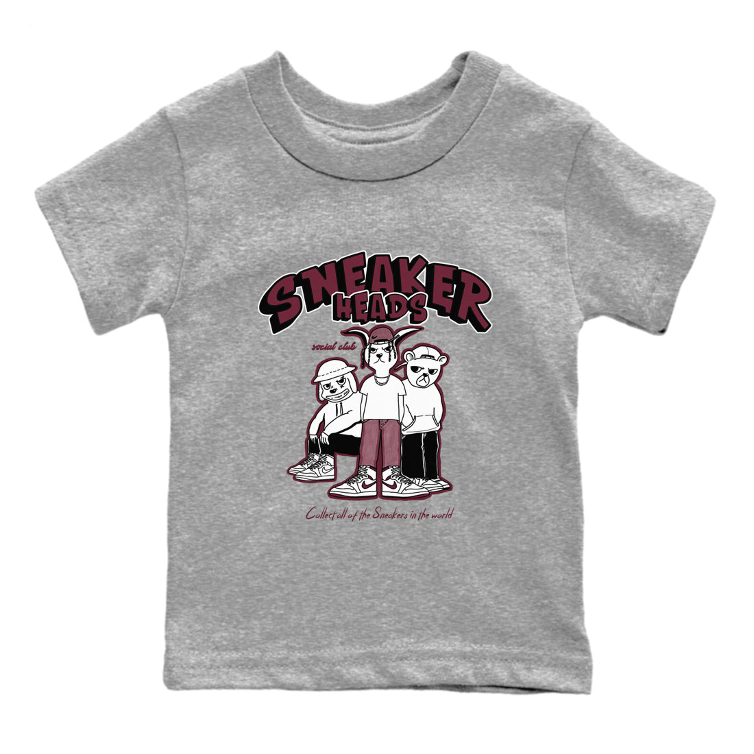 1s Metallic Burgundy shirts to match jordans Sneakerheads Social Club sneaker match tees Air Jordan 1 Metallic Burgundy SNRT Sneaker Tees streetwear brand Baby and Youth Heather Grey 2 cotton tee