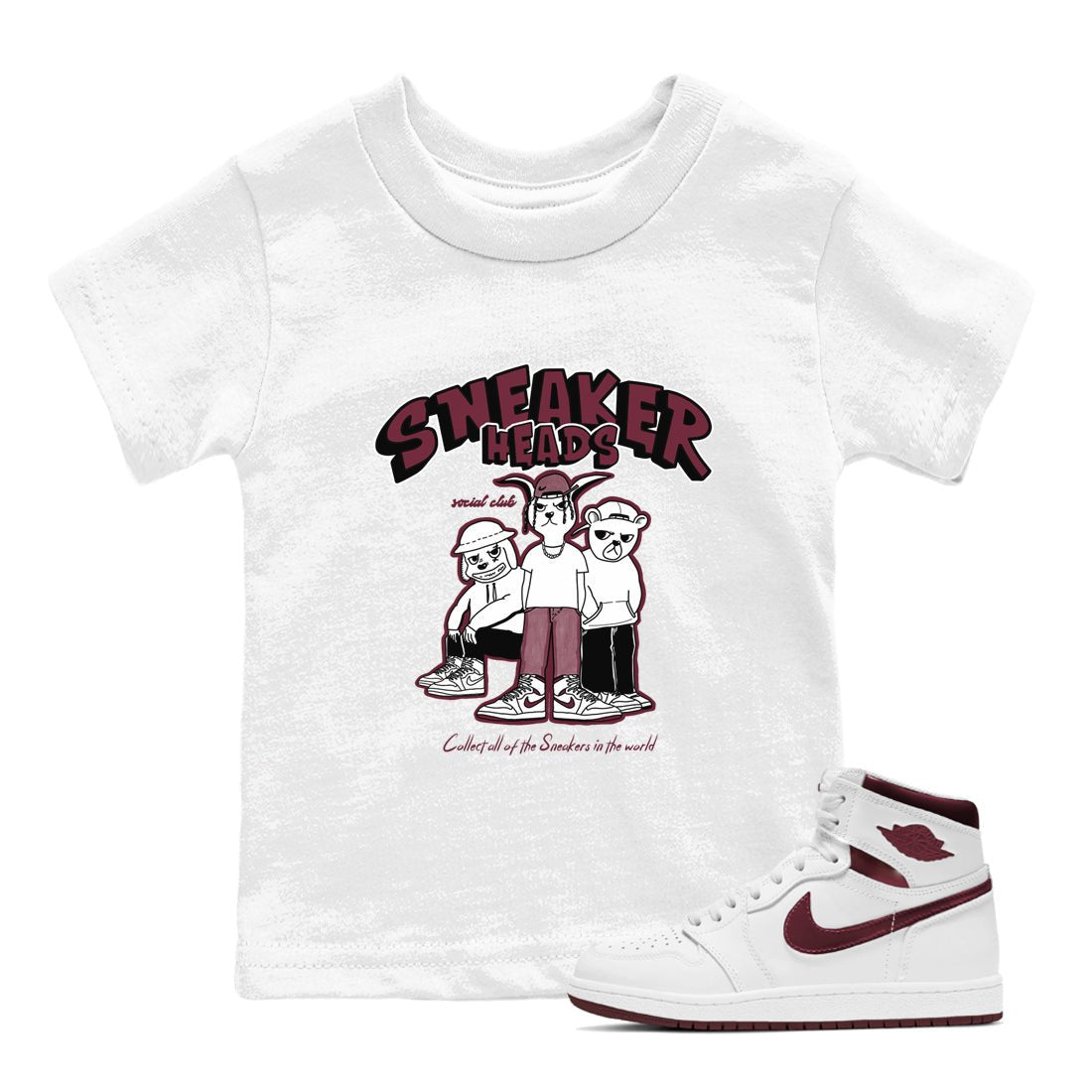 1s Metallic Burgundy shirts to match jordans Sneakerheads Social Club sneaker match tees Air Jordan 1 Metallic Burgundy SNRT Sneaker Tees streetwear brand Baby and Youth White 1 cotton tee