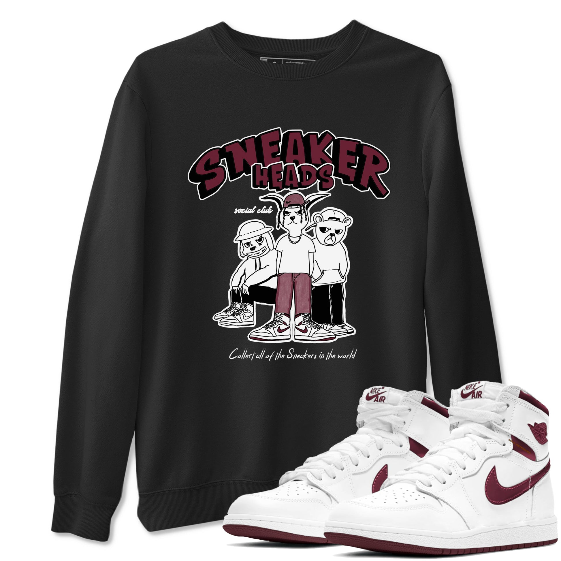 1s Metallic Burgundy shirts to match jordans Sneakerheads Social Club sneaker match tees Air Jordan 1 Metallic Burgundy SNRT Sneaker Tees streetwear brand Black 1 unisex cotton tee