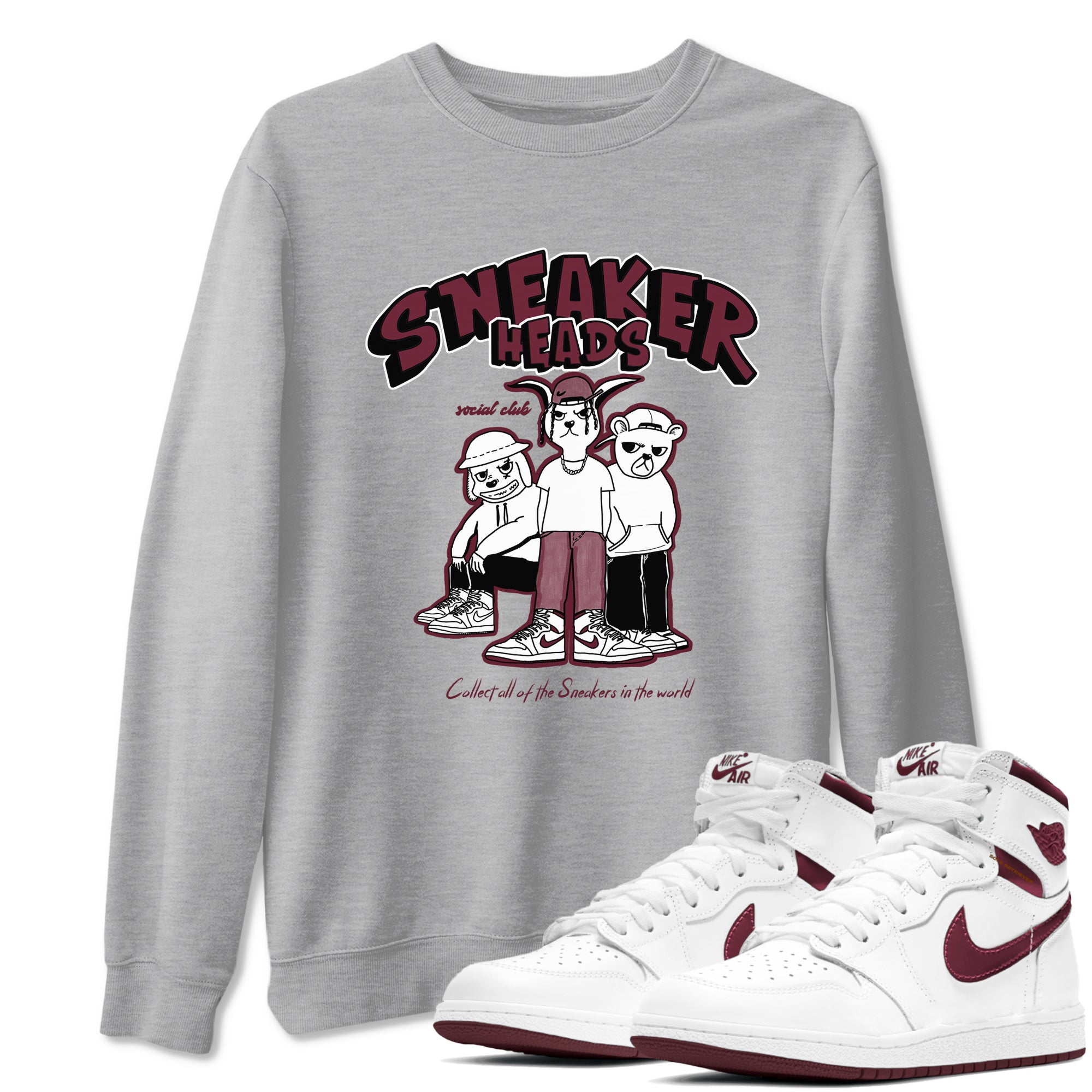1s Metallic Burgundy shirts to match jordans Sneakerheads Social Club sneaker match tees Air Jordan 1 Metallic Burgundy SNRT Sneaker Tees streetwear brand Heather Grey 1 unisex cotton tee