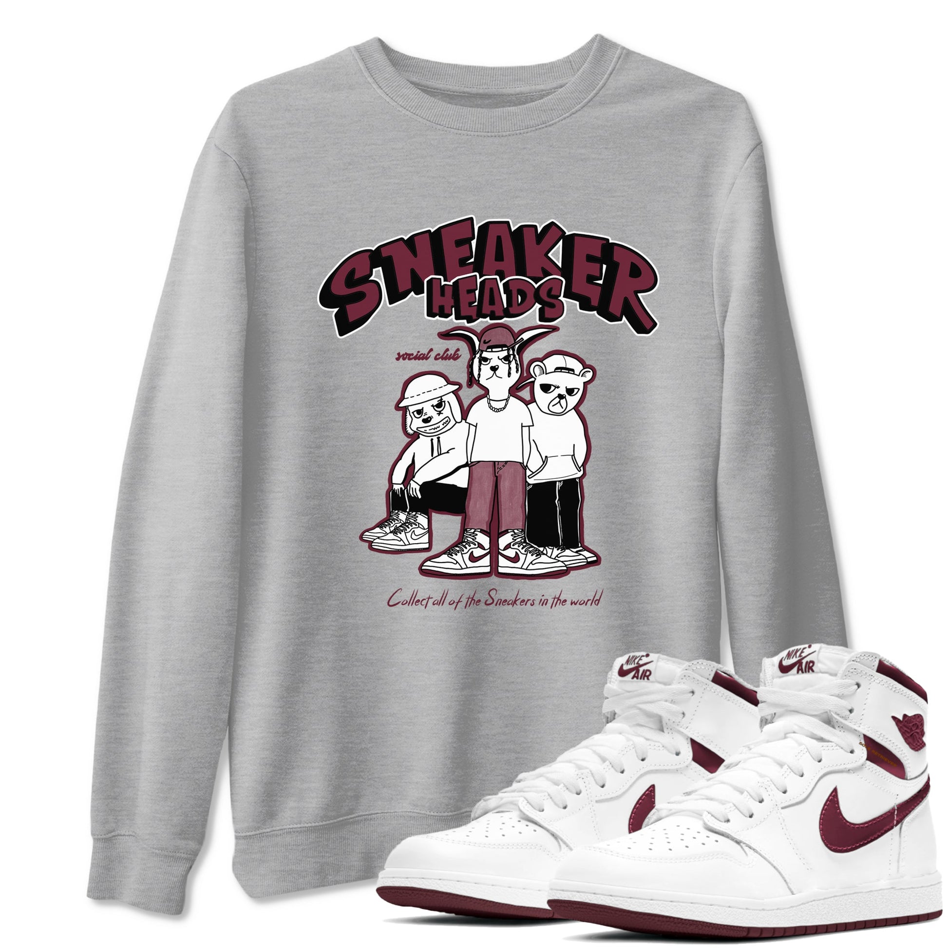 1s Metallic Burgundy shirts to match jordans Sneakerheads Social Club sneaker match tees Air Jordan 1 Metallic Burgundy SNRT Sneaker Tees streetwear brand Heather Grey 1 unisex cotton tee