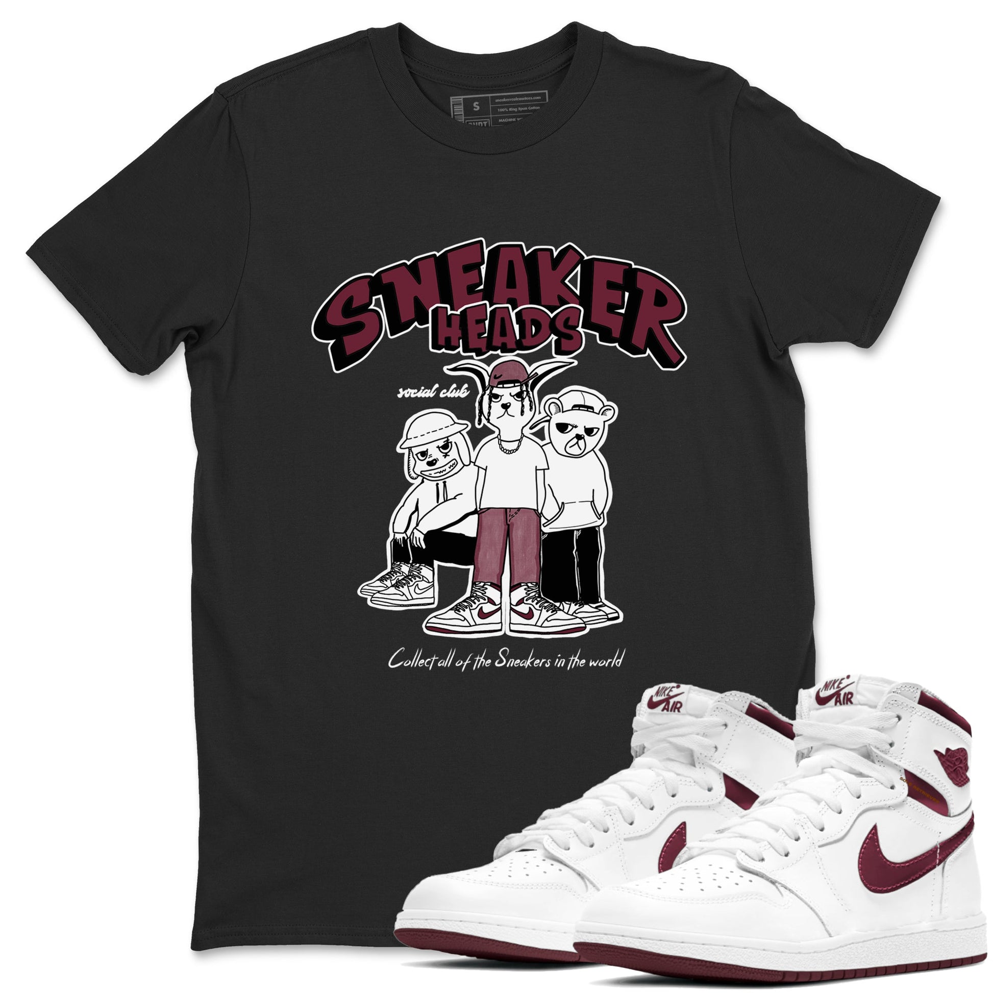 1s Metallic Burgundy shirts to match jordans Sneakerheads Social Club sneaker match tees Air Jordan 1 Metallic Burgundy SNRT Sneaker Tees streetwear brand Black 1 unisex cotton tee