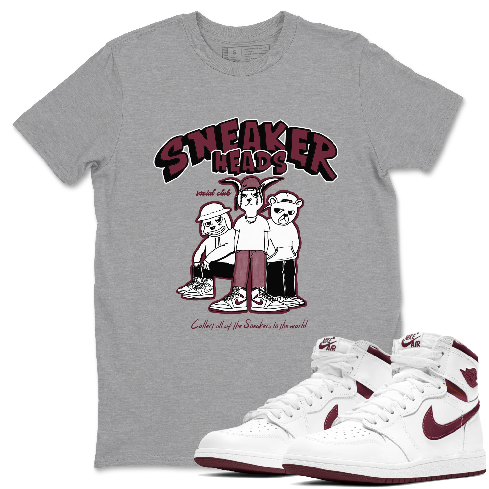1s Metallic Burgundy shirts to match jordans Sneakerheads Social Club sneaker match tees Air Jordan 1 Metallic Burgundy SNRT Sneaker Tees streetwear brand Heather Grey 1 unisex cotton tee