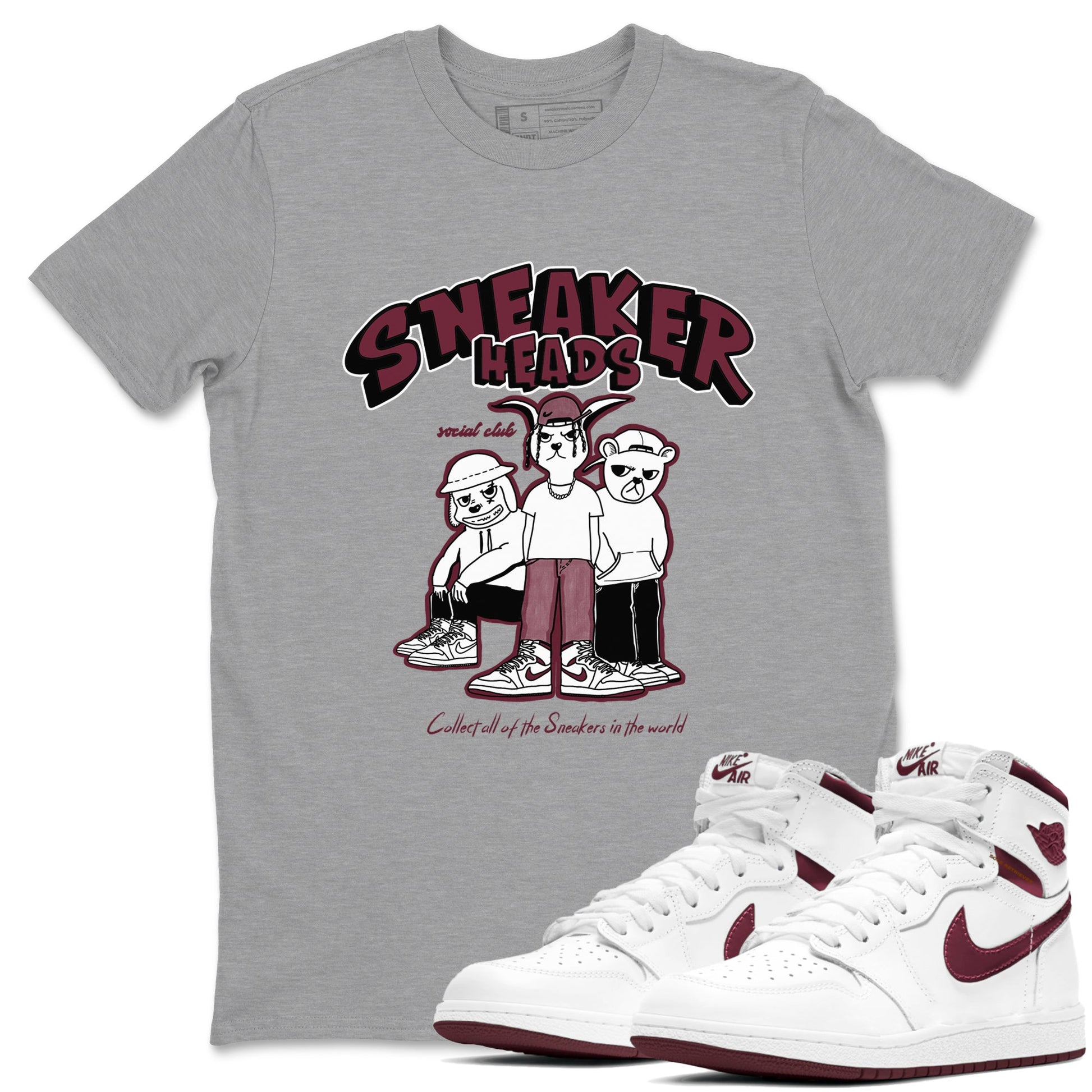 1s Metallic Burgundy shirts to match jordans Sneakerheads Social Club sneaker match tees Air Jordan 1 Metallic Burgundy SNRT Sneaker Tees streetwear brand Heather Grey 1 unisex cotton tee