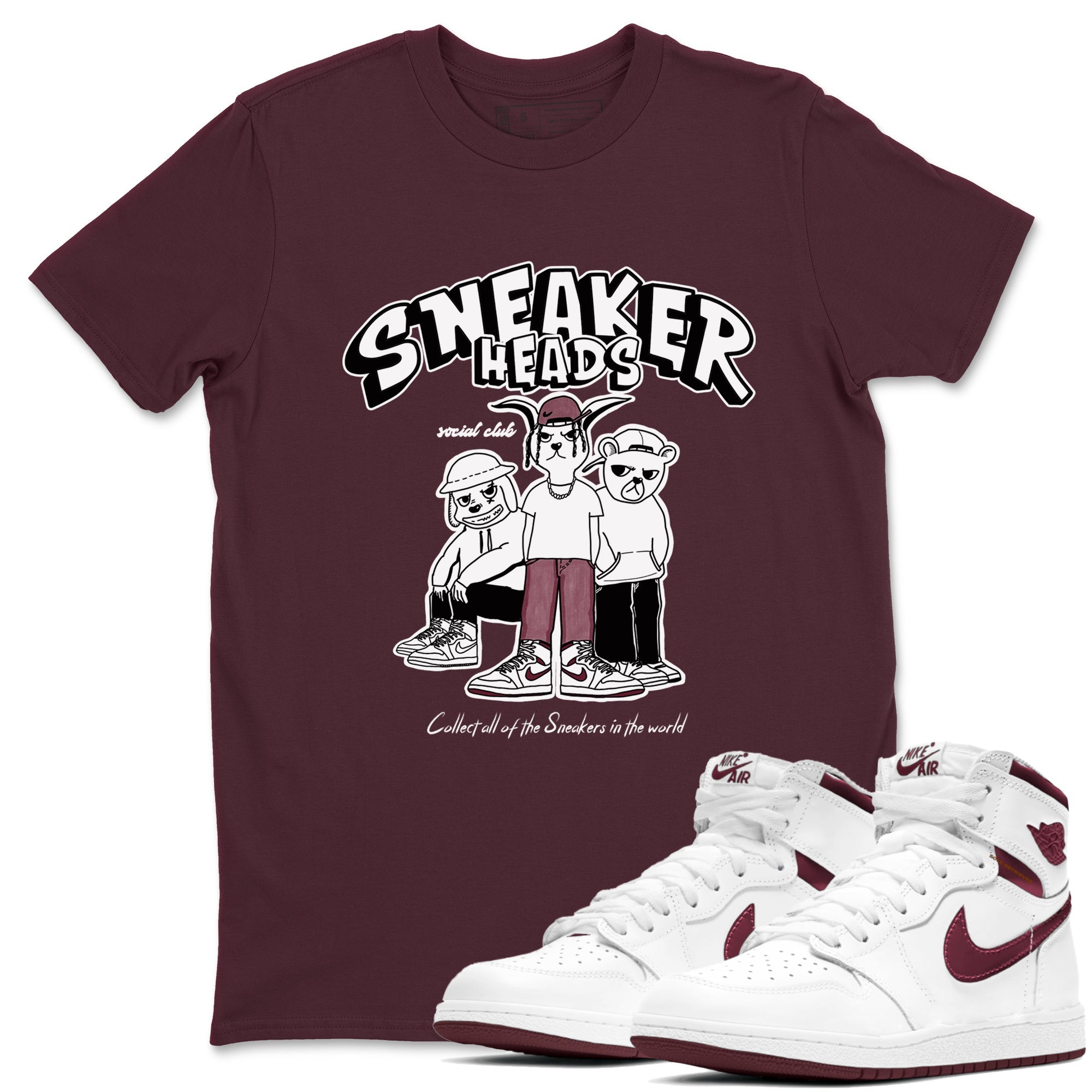 1s Metallic Burgundy shirts to match jordans Sneakerheads Social Club sneaker match tees Air Jordan 1 Metallic Burgundy SNRT Sneaker Tees streetwear brand Maroon 1 unisex cotton tee