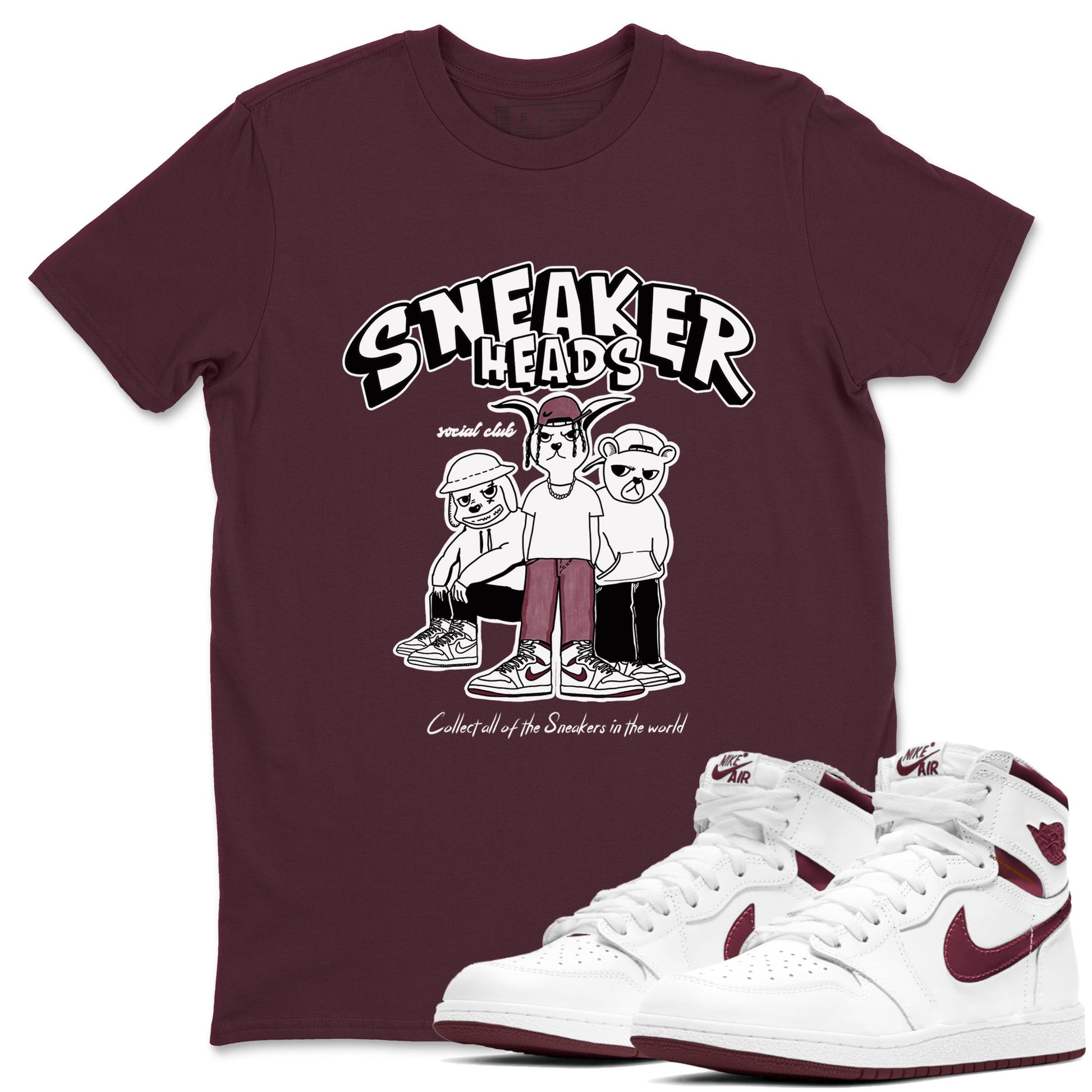 1s Metallic Burgundy shirts to match jordans Sneakerheads Social Club sneaker match tees Air Jordan 1 Metallic Burgundy SNRT Sneaker Tees streetwear brand Maroon 1 unisex cotton tee
