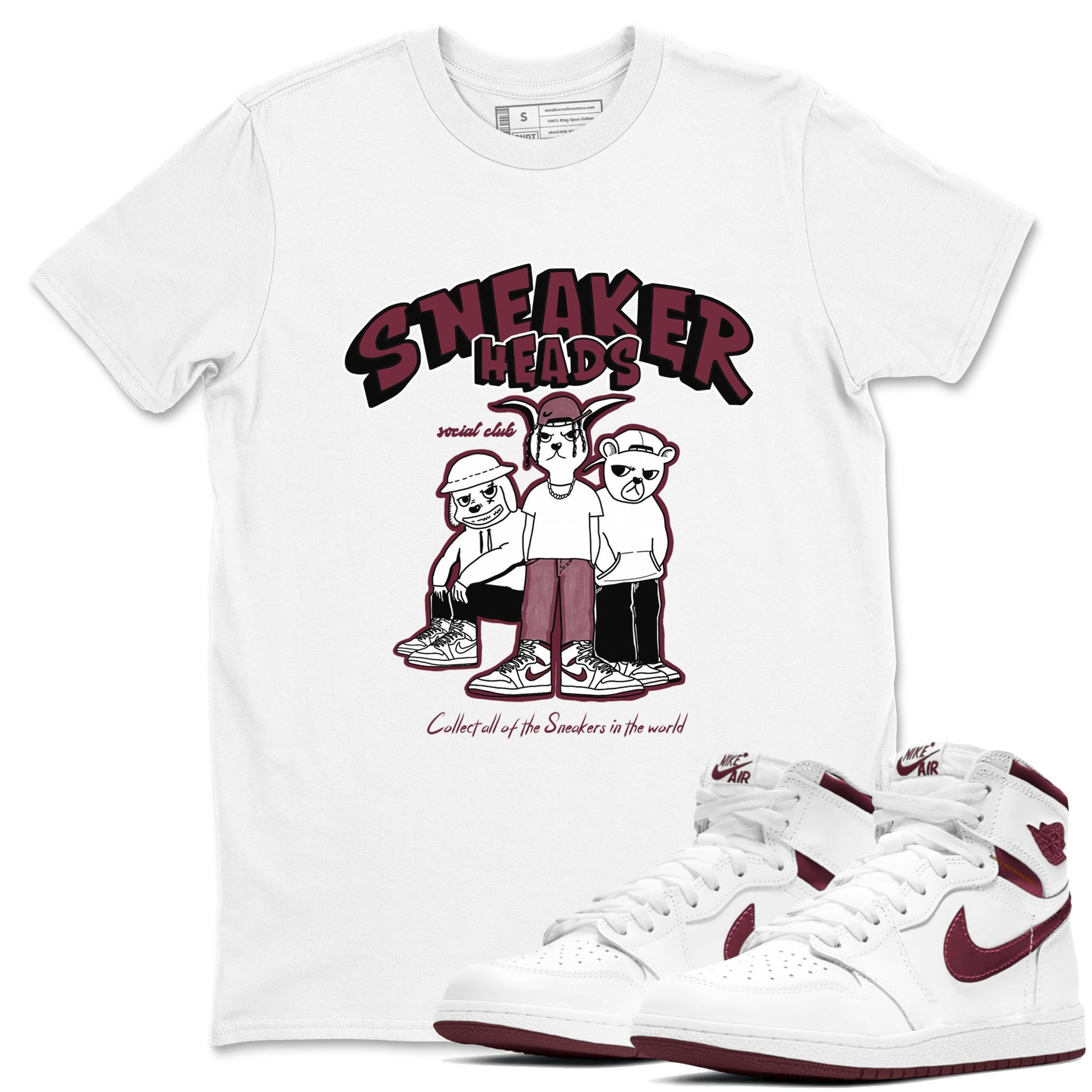 1s Metallic Burgundy shirts to match jordans Sneakerheads Social Club sneaker match tees Air Jordan 1 Metallic Burgundy SNRT Sneaker Tees streetwear brand White 1 unisex cotton tee