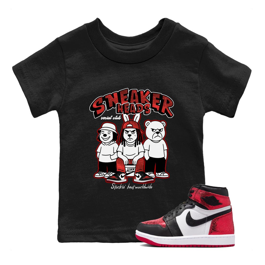 Sneakerheads Social Club baby and kids t-shirt crafted for little sneakerheads to shine with the Air Jordan 1 Ruby sneakers, displayed in Black 1.