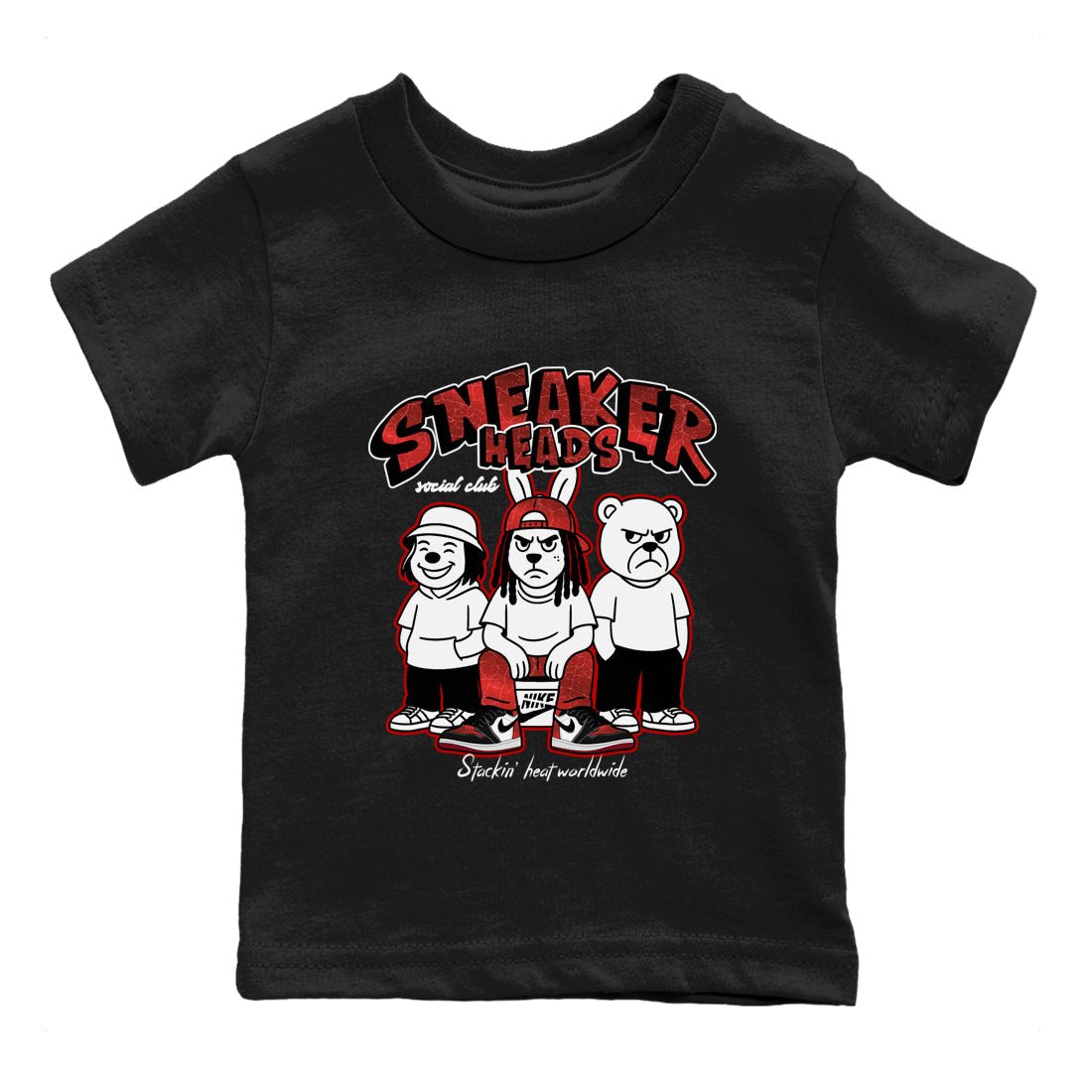 Sneakerheads Social Club baby and kids t-shirt crafted for little sneakerheads to shine with the Air Jordan 1 Ruby sneakers, displayed in Black 2.